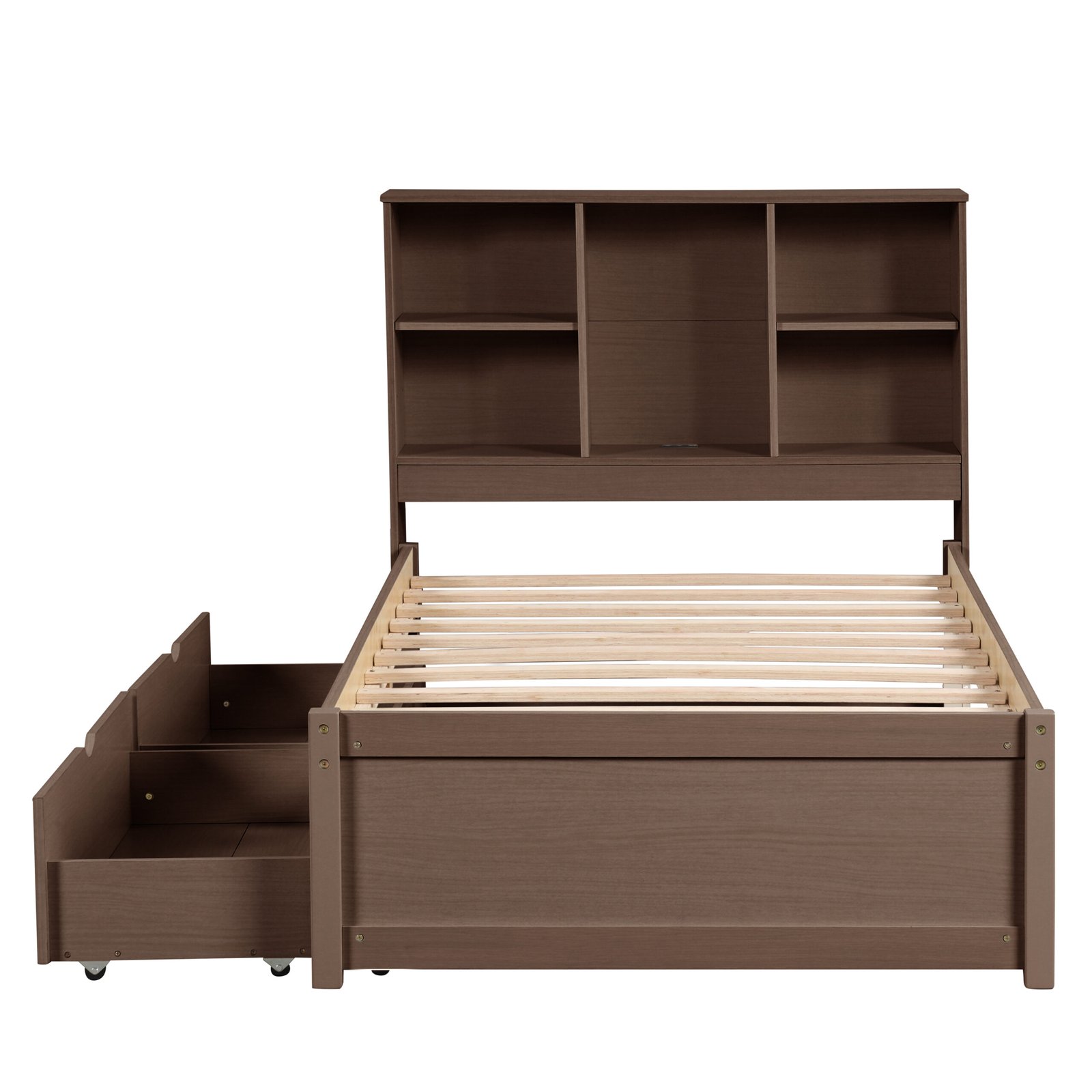 Modern Twin Size Bed Frame With Built-in USB Port on Bookcase Headboard and 2 Drawers for Walnut Color photo review