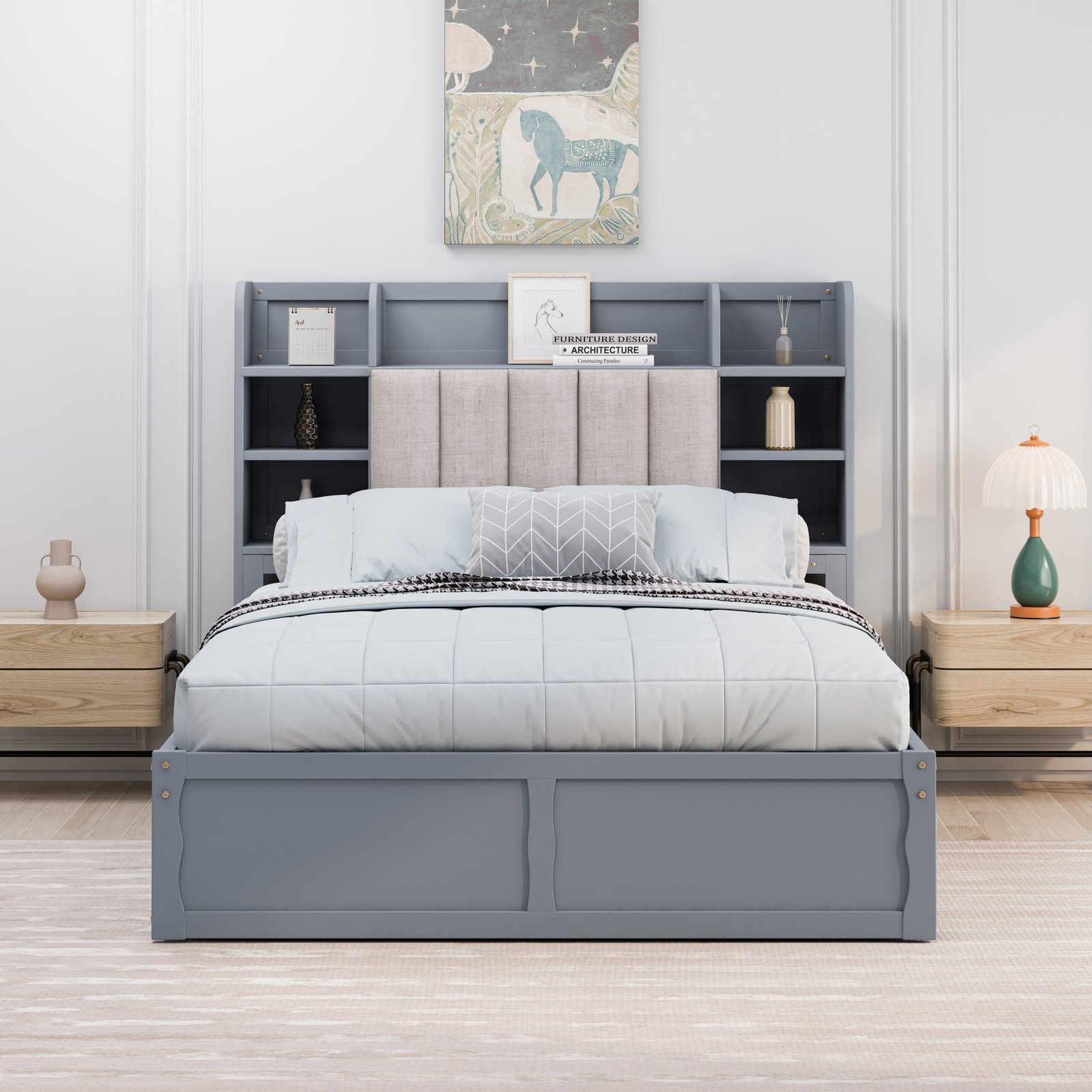 Multi-functional Full Size Bed Frame with 4 Under-bed Portable Storage Drawers and Multi-tier Bedside Storage Shelves, Grey photo review