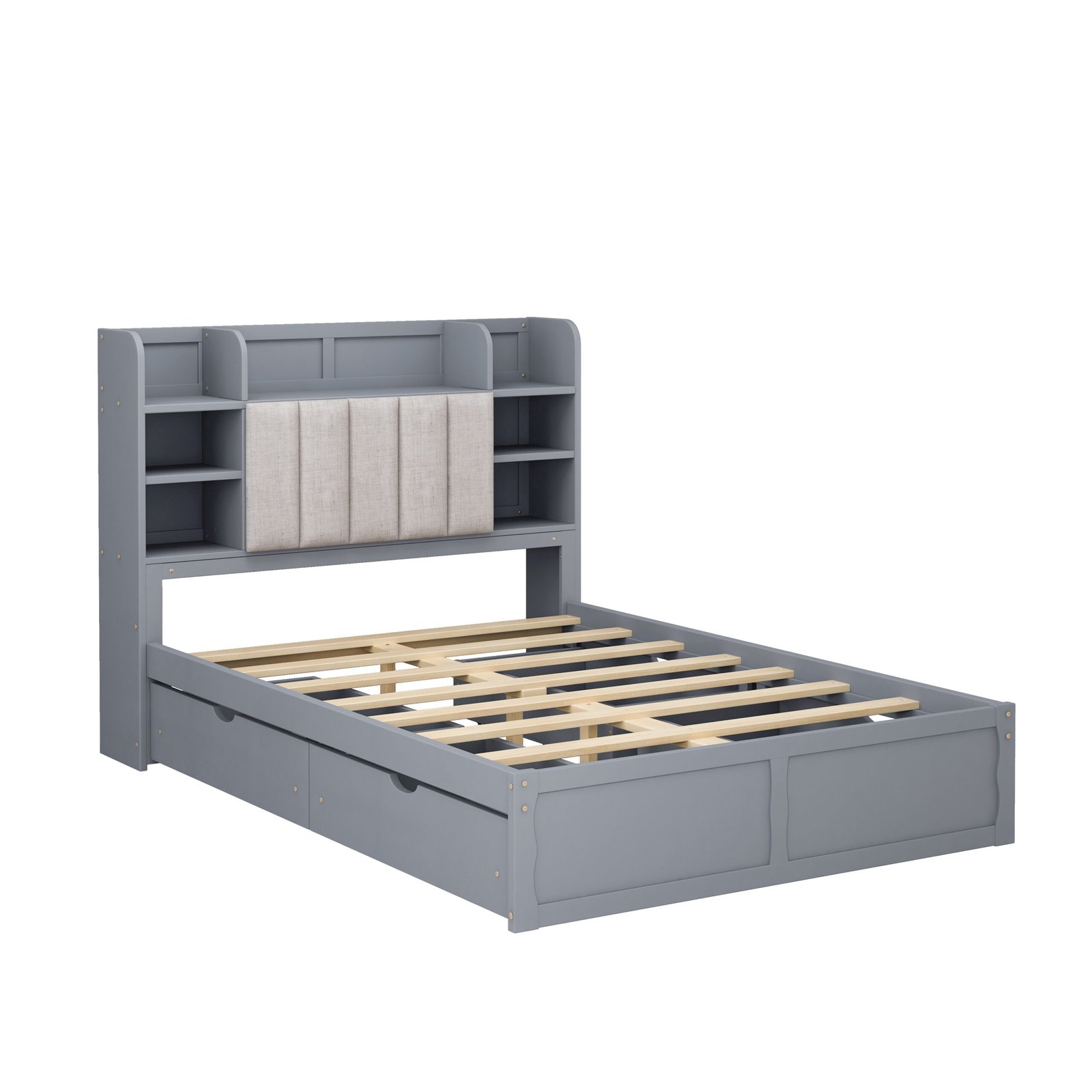 Multi-functional Full Size Bed Frame with 4 Under-bed Portable Storage Drawers and Multi-tier Bedside Storage Shelves, Grey photo review