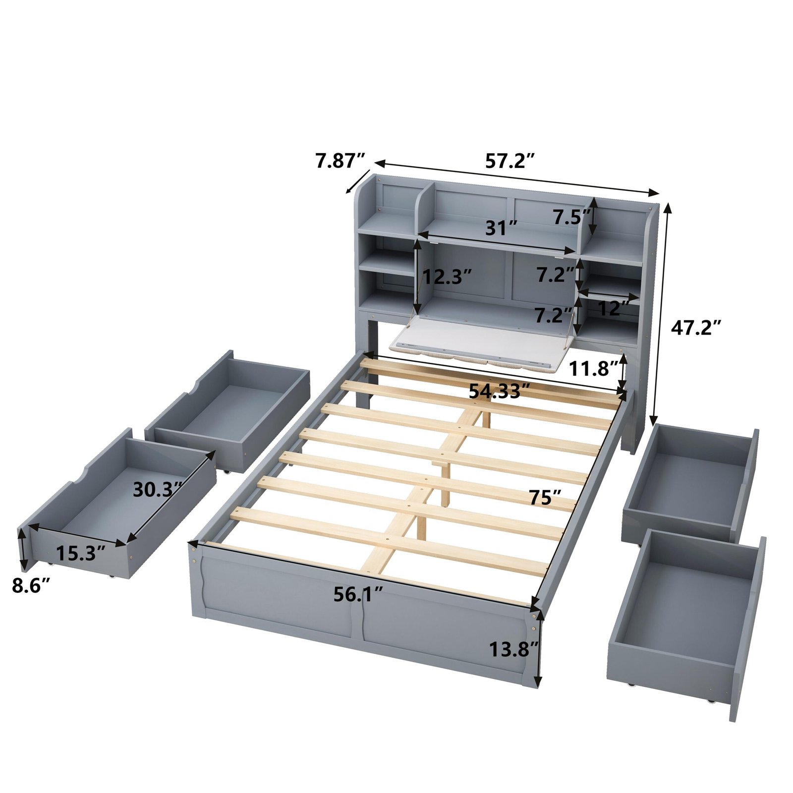 Multi-functional Full Size Bed Frame with 4 Under-bed Portable Storage Drawers and Multi-tier Bedside Storage Shelves, Grey photo review
