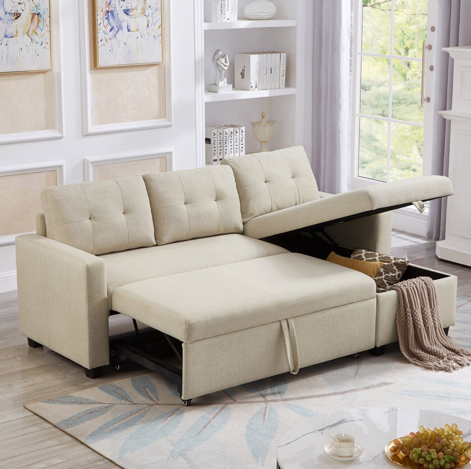 Upholstered Pull Out Sectional Sofa with Storage Chaise, Convertible Corner Couch, Beige photo review