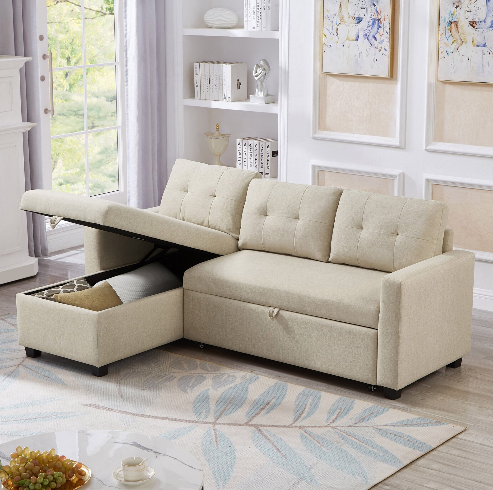 Upholstered Pull Out Sectional Sofa with Storage Chaise, Convertible Corner Couch, Beige photo review
