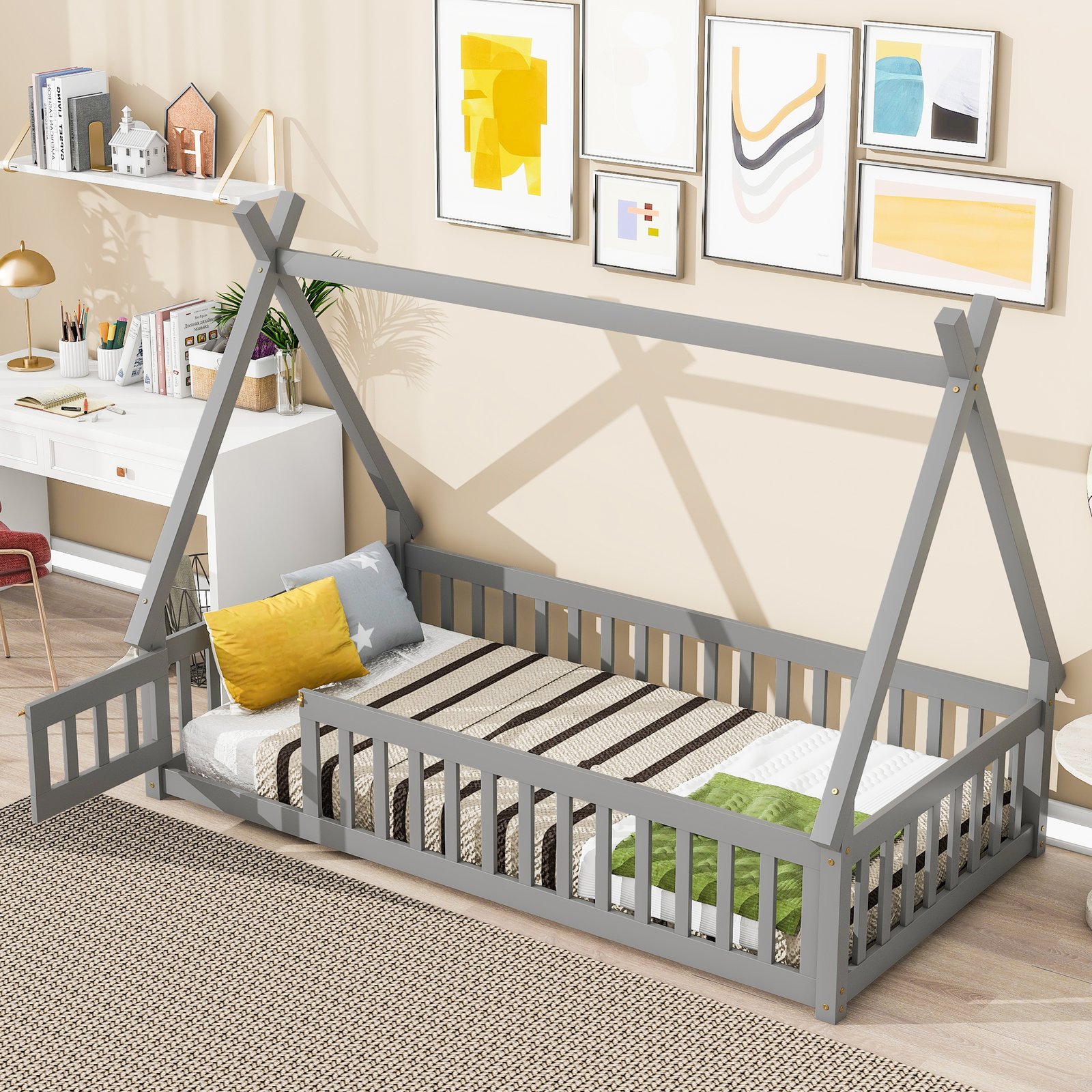 Twin Tent-shaped Floor Bed, with Guardrails, Slats, Door ,Grey photo review