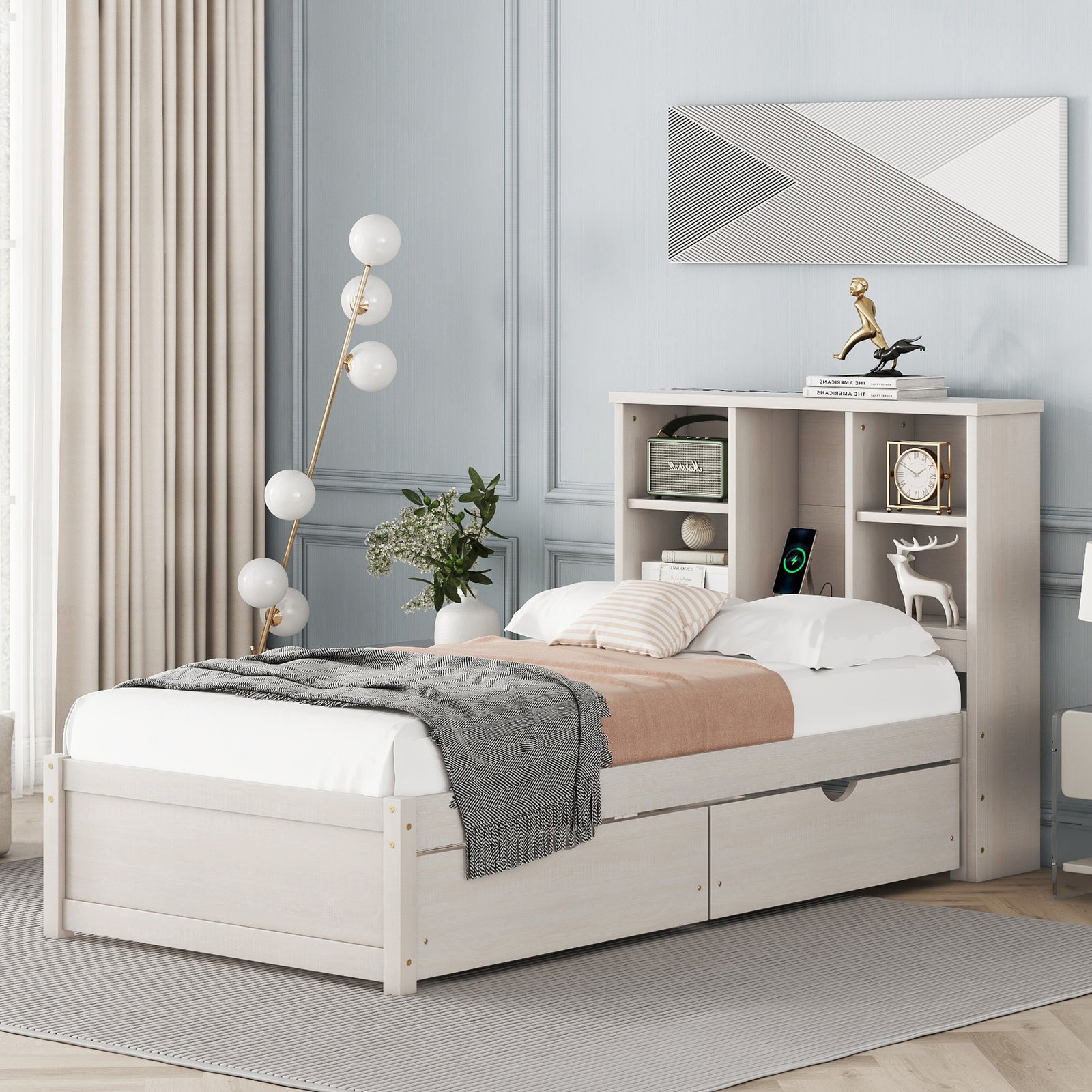 Modern Twin Size Bed Frame With Built-in USB Port on Bookcase Headboard and 2 Drawers for White Washed Color photo review