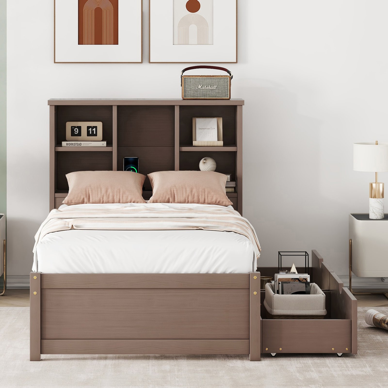Modern Twin Size Bed Frame With Built-in USB Port on Bookcase Headboard and 2 Drawers for Walnut Color photo review