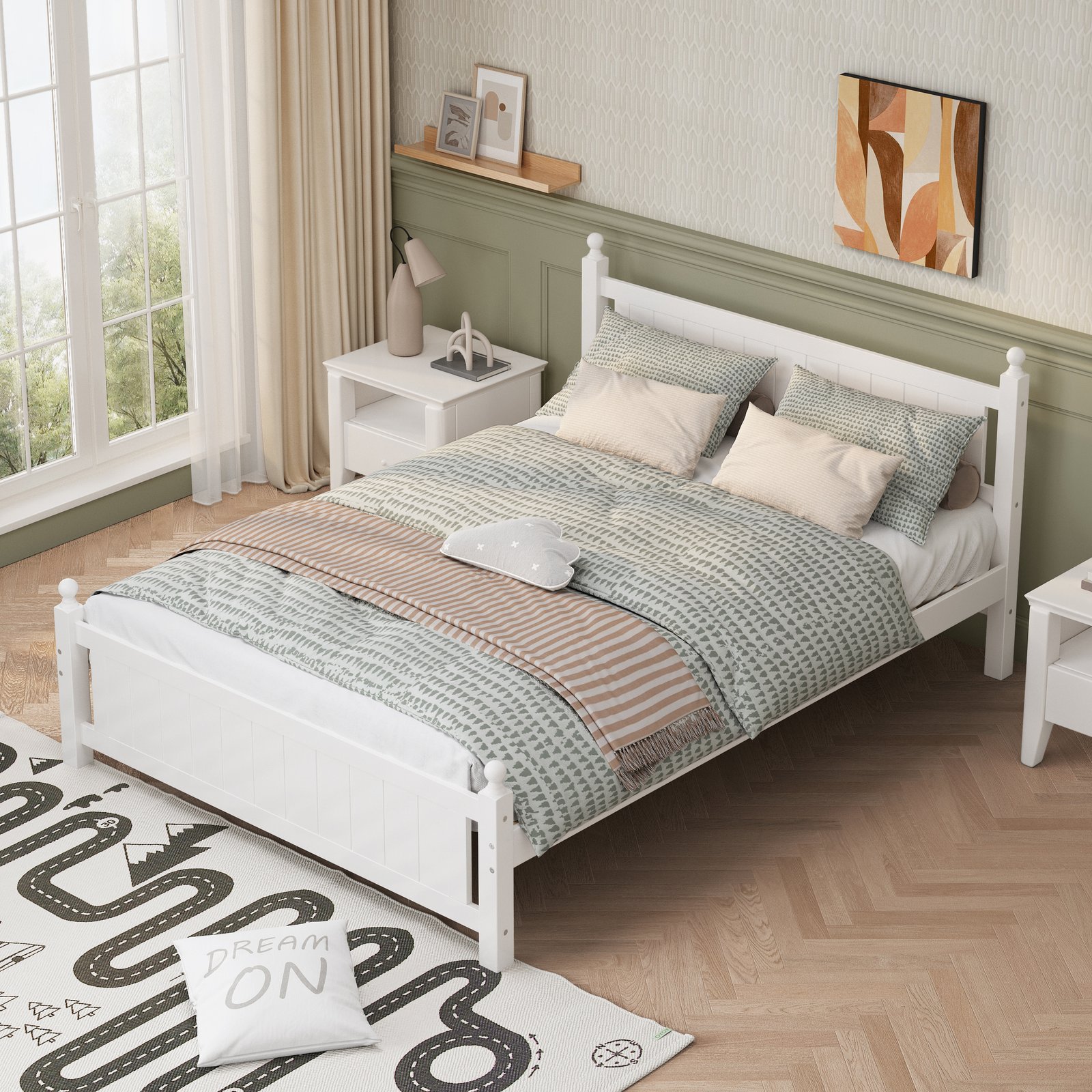 Queen Size Solid Wood Platform Bed Frame for Kids, Teens, Adults, No Need Box Spring, White photo review