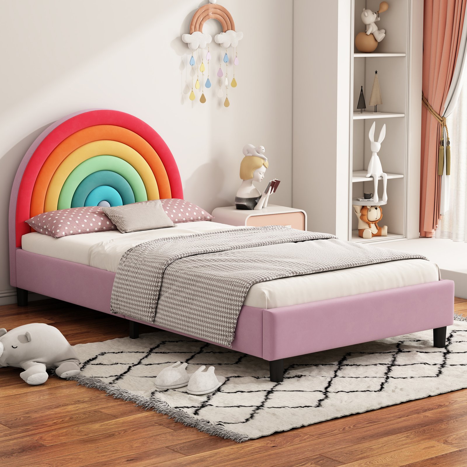 Rainbow Design Upholstered Twin Platform Bed Cute Style Princess Bed for Boys & Girls, Teens, Colorful & Pink photo review