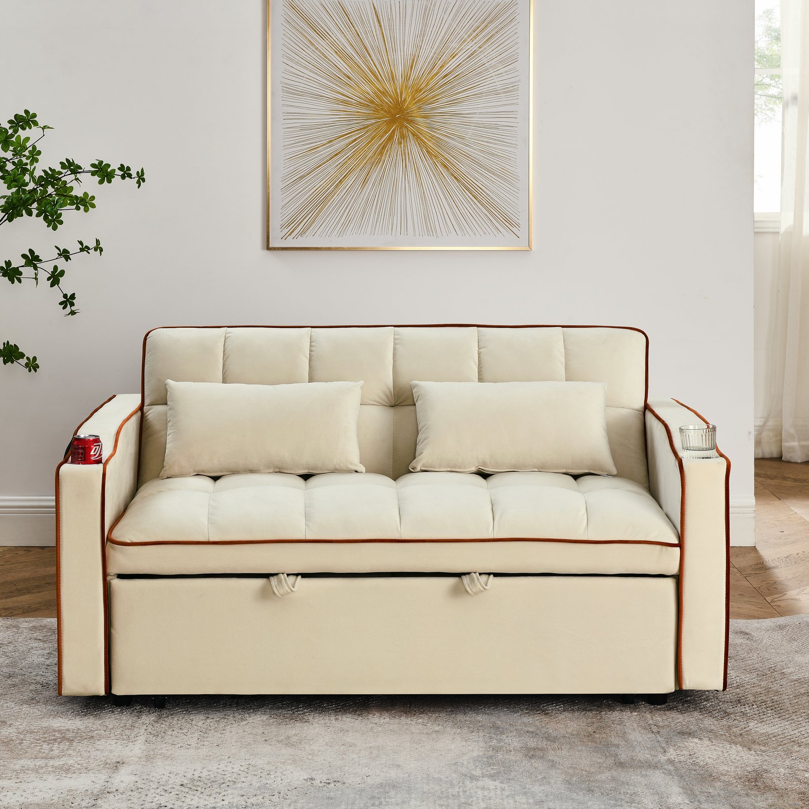 55.51 inch versatile foldable sofa bed in 3 lengths, modern sofa sofa sofa velvet pull-out bed, adjustable back and with USB port and ashtray and swivel phone stand (Beige) photo review