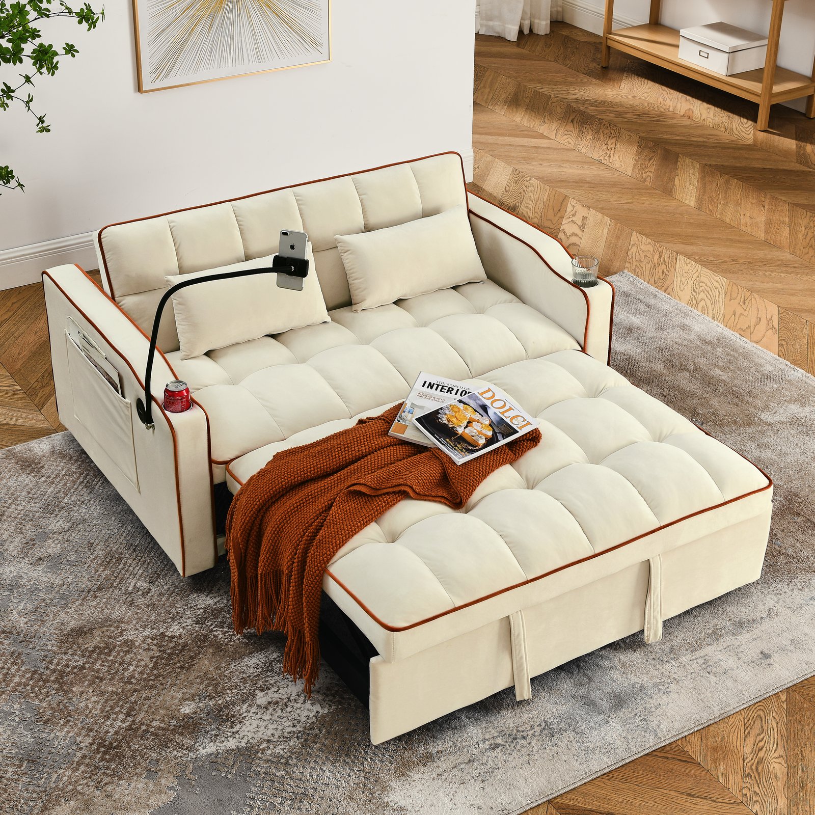 55.51 inch versatile foldable sofa bed in 3 lengths, modern sofa sofa sofa velvet pull-out bed, adjustable back and with USB port and ashtray and swivel phone stand (Beige) photo review