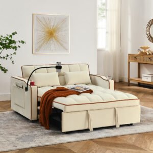 55.51 inch versatile foldable sofa bed in 3 lengths, modern sofa sofa sofa velvet pull-out bed, adjustable back and with USB port and ashtray and swivel phone stand (Beige)