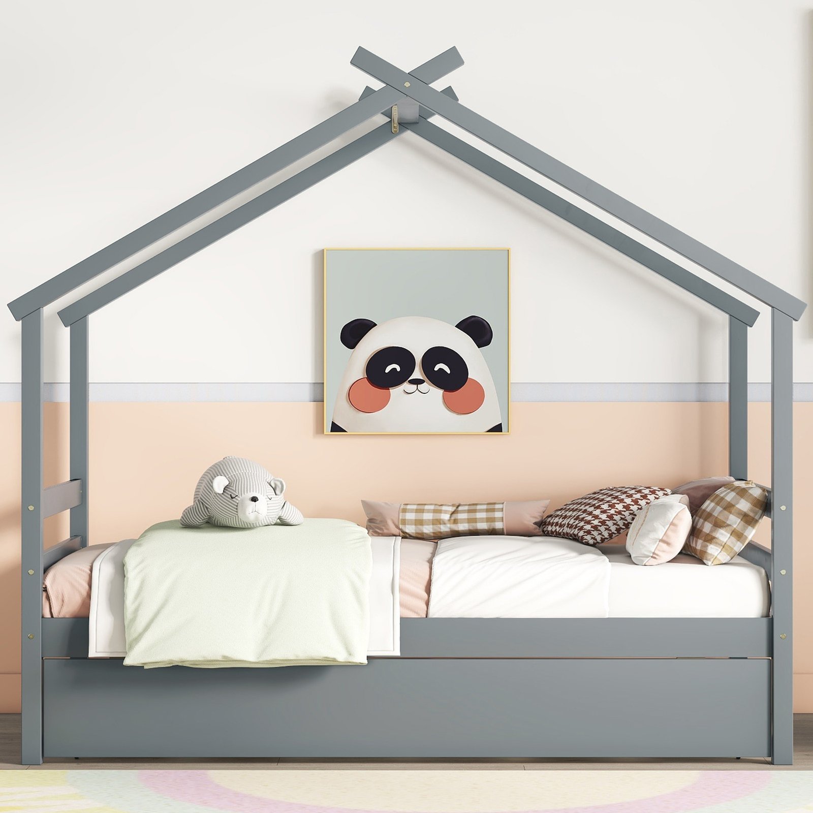 Twin Size  House-shaped Bed with Trundle,Grey photo review