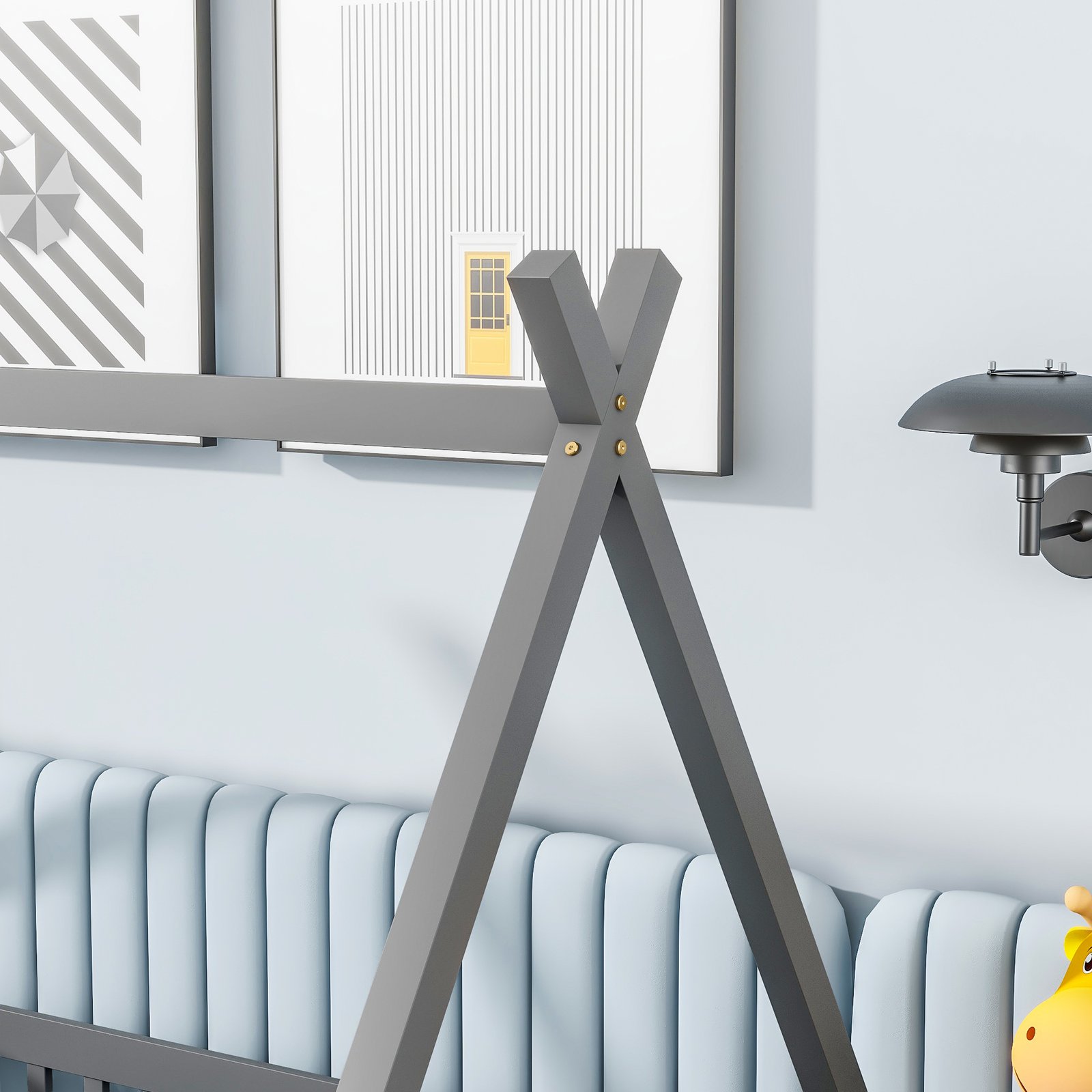 Twin Tent-shaped Floor Bed, Teepee Bed with Guardrails, Slats,Grey photo review