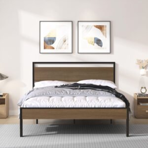 Ceres Metal Bed, Black with Cinnamon Wood Headboard & Footboard, Queen