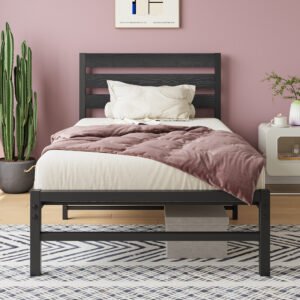 Twin Size Platform Bed Frame with Rustic Vintage Wood Headboard, No Box Spring Needed Black