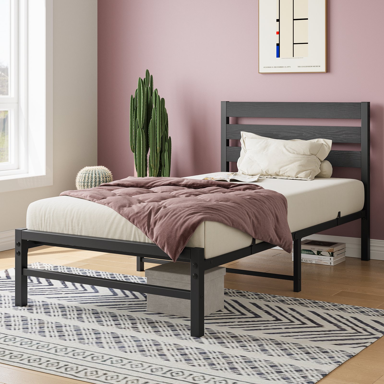 Twin Size Platform Bed Frame with Rustic Vintage Wood Headboard, No Box Spring Needed Black photo review