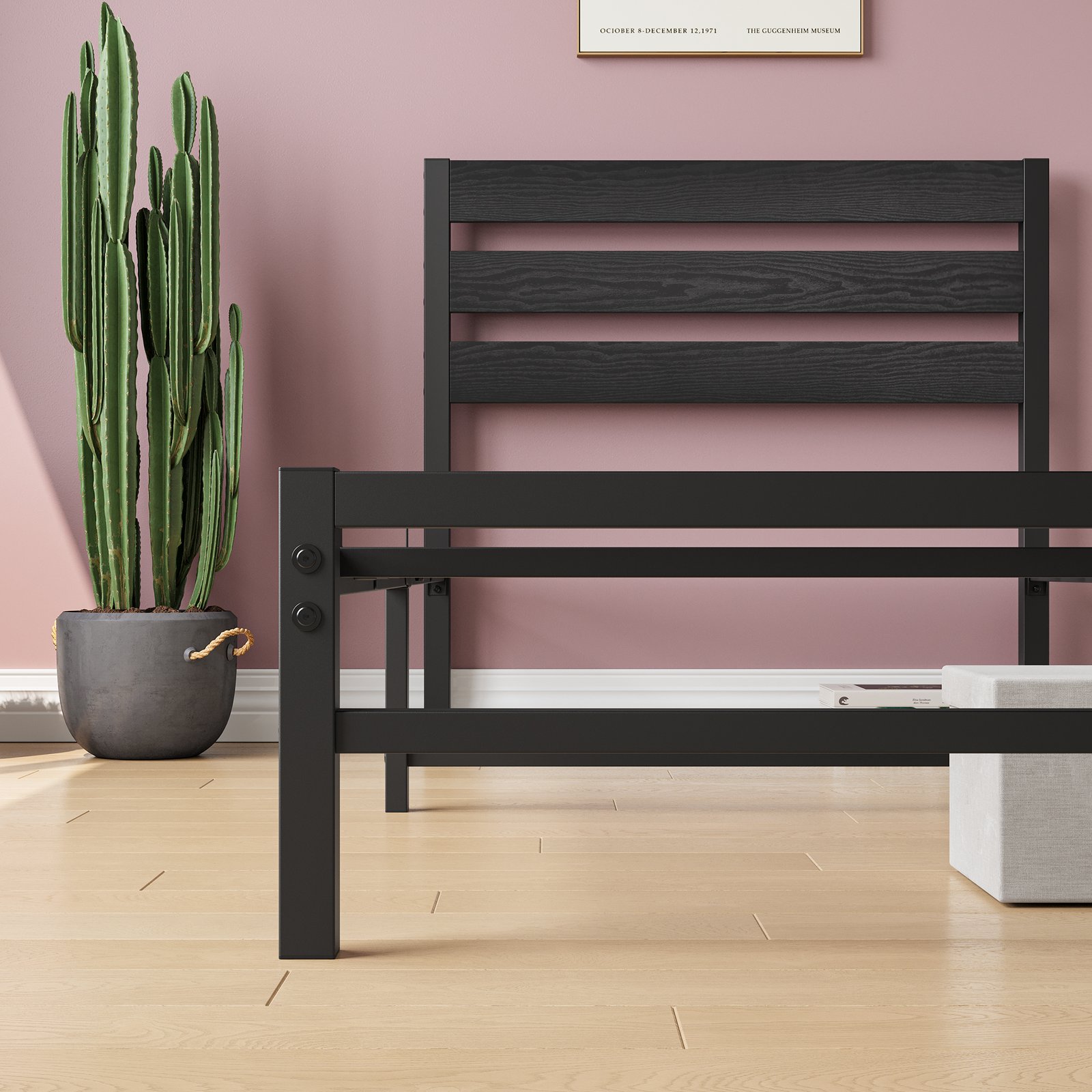 Twin Size Platform Bed Frame with Rustic Vintage Wood Headboard, No Box Spring Needed Black photo review