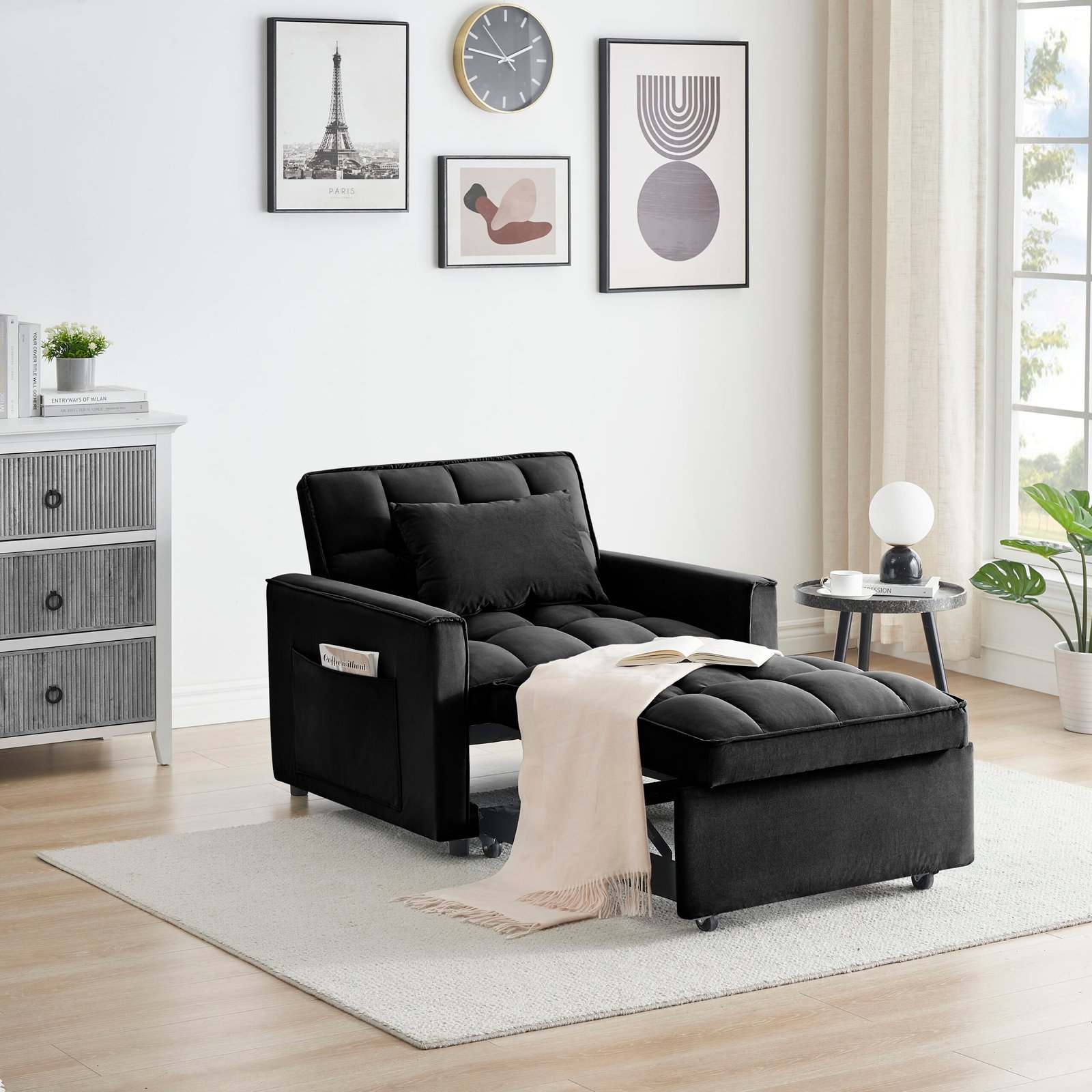 Sofa bed chair 3 in 1 convertible, recliner, single recliner, suitable for small Spaces with adjustable back black photo review