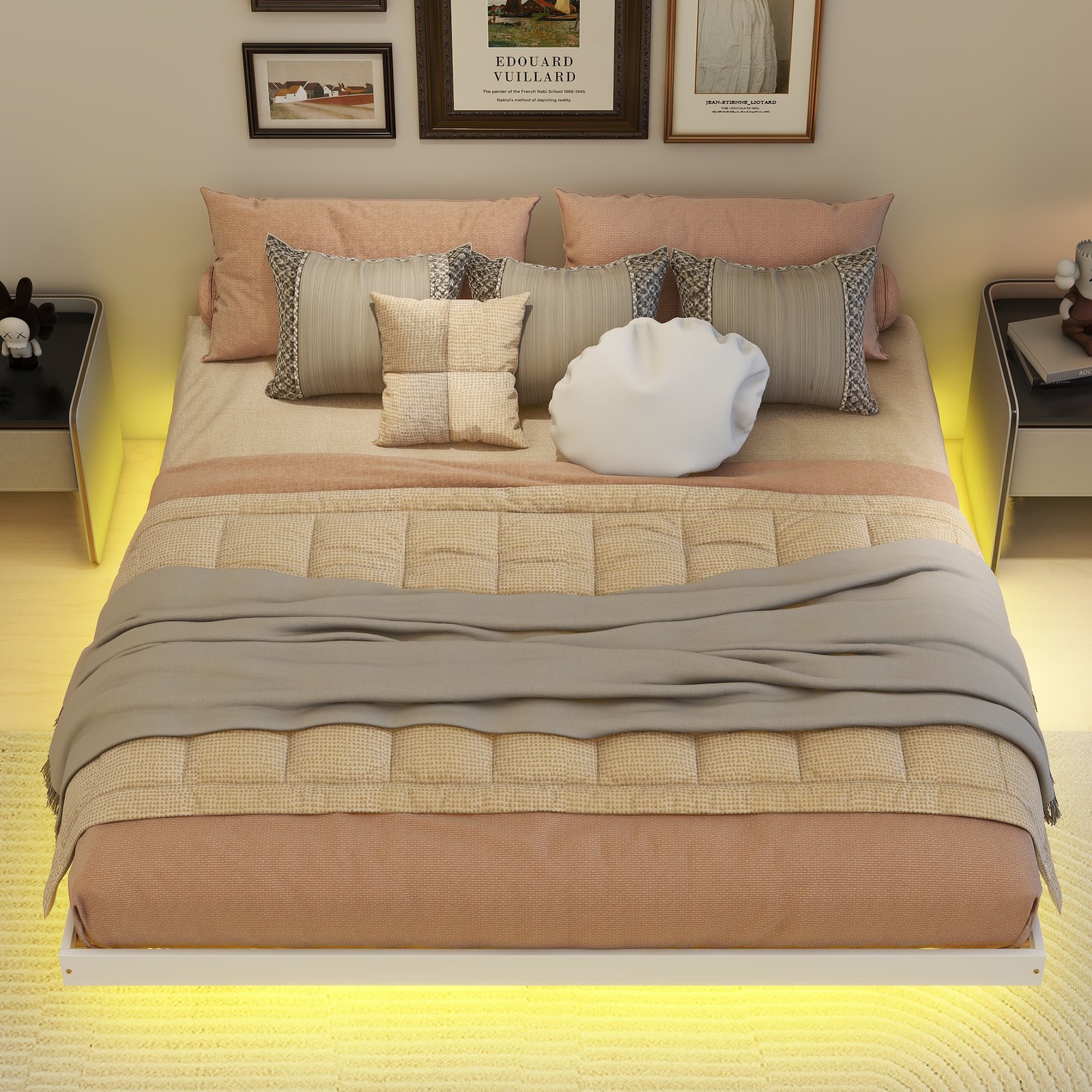 King Size Floating Bed with LED Lights Underneath,Modern King Size Low Profile Platform Bed with LED Lights,White photo review