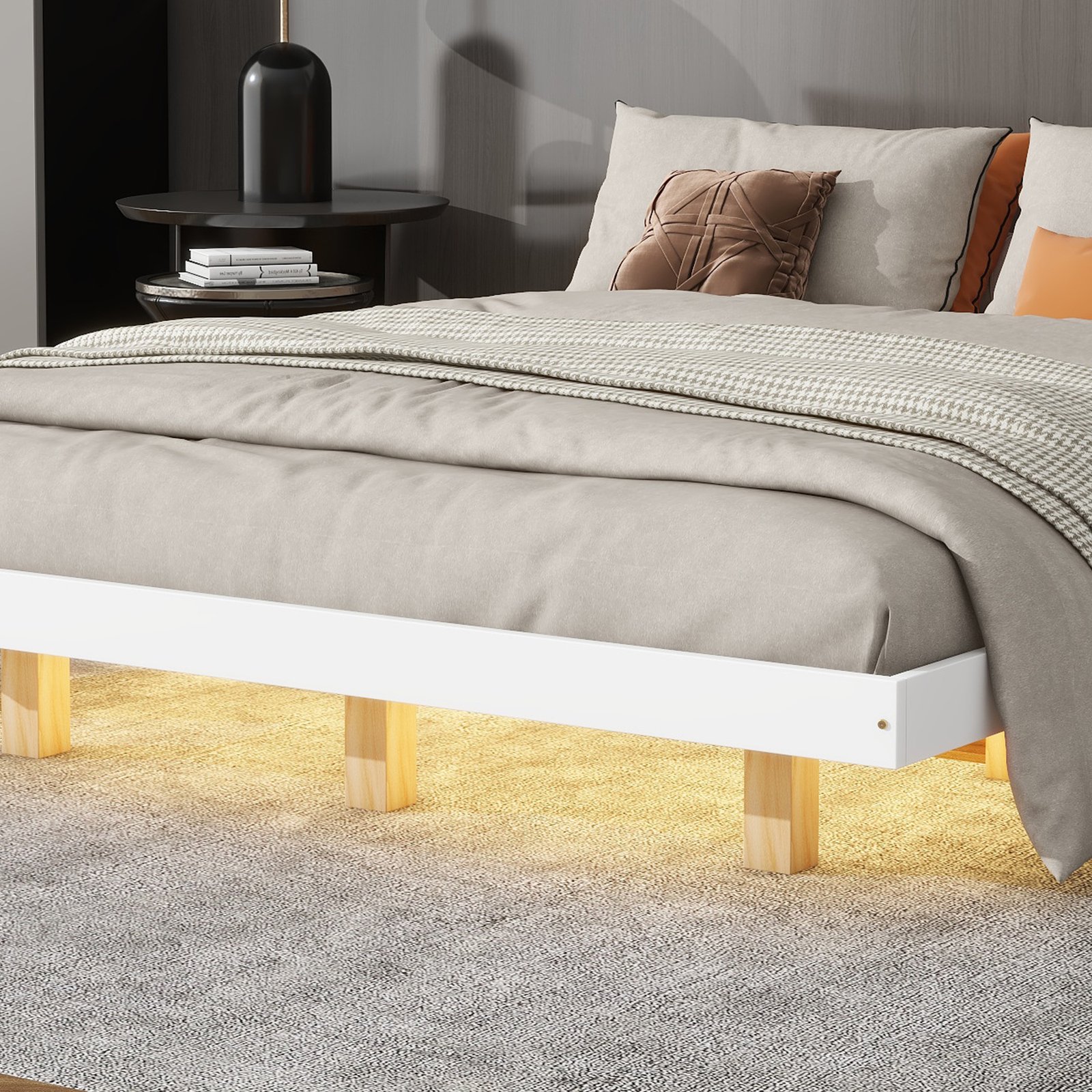 Queen Size Floating Bed with LED Lights Underneath,Modern Queen Size Low Profile Platform Bed with LED Lights,White photo review