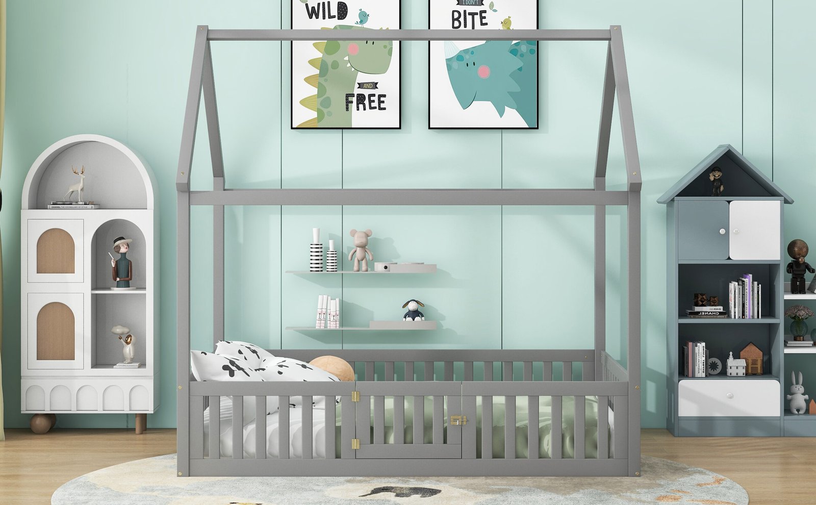 Full Size Wood House Bed with Fence and Door, Gray photo review