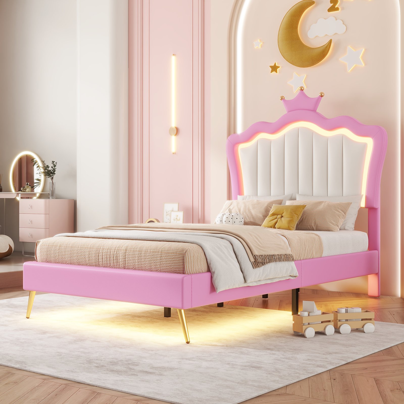 Twin Size Upholstered Bed Frame with LED Lights, Modern Upholstered Princess Bed with Crown Headboard, Pink+White photo review