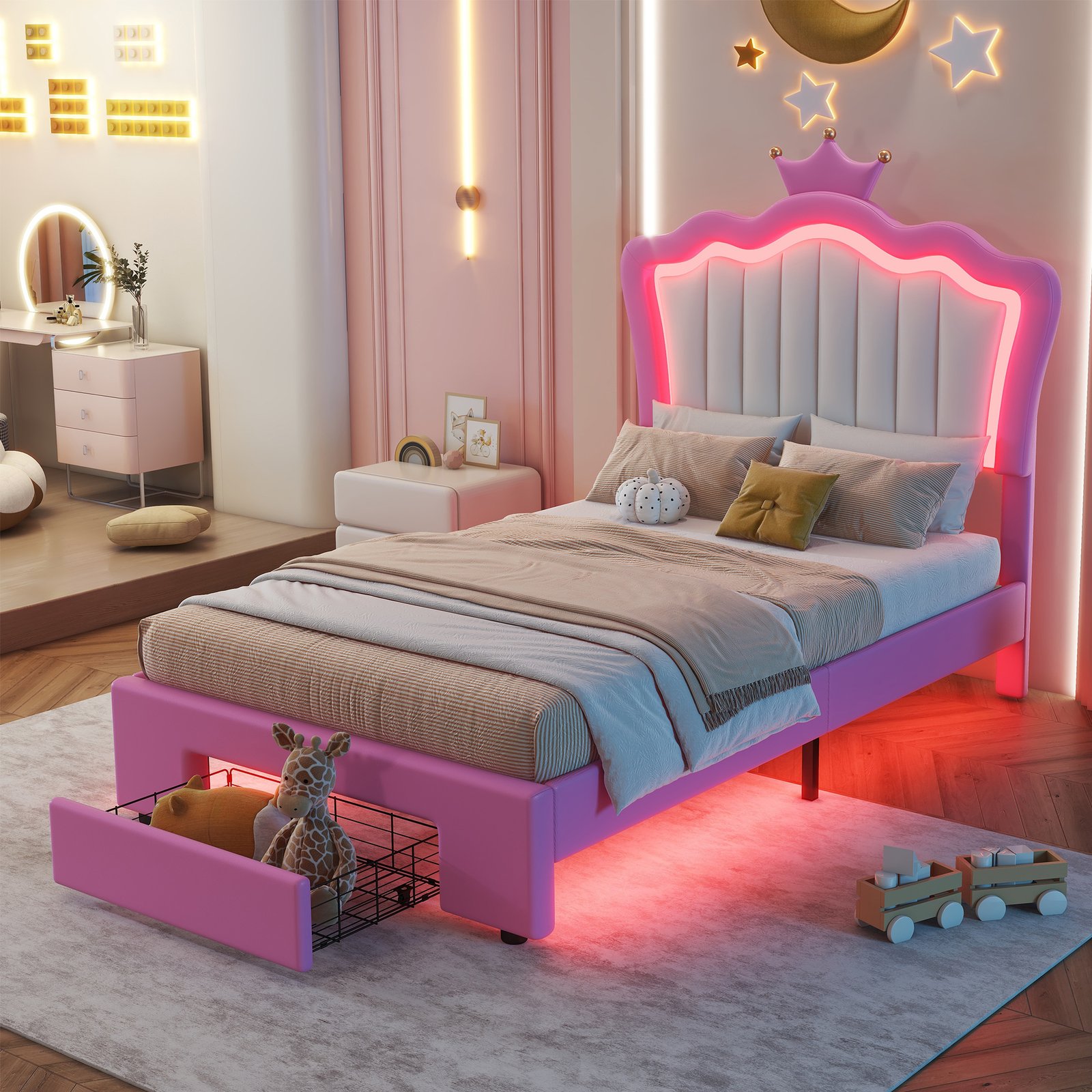 Twin Size Upholstered Bed Frame with LED Lights, Modern Upholstered Princess Bed with Crown Headboard, a Drawer, Pink+White photo review