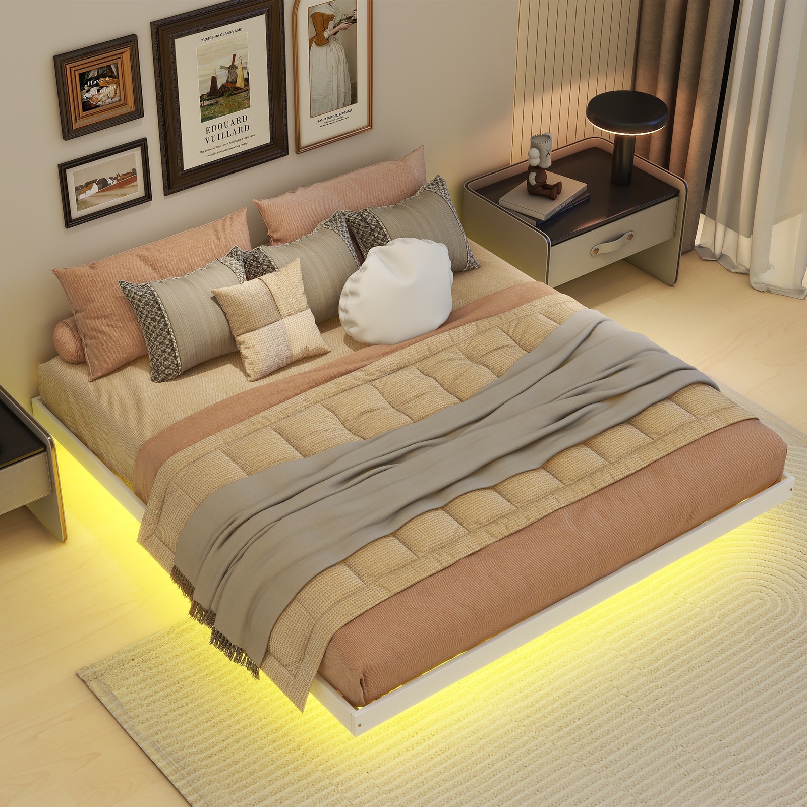 King Size Floating Bed with LED Lights Underneath,Modern King Size Low Profile Platform Bed with LED Lights,White photo review