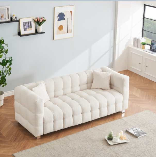 Beige White and teddy plush sofa 80 inch discharge in living room bedroom with two throw pillows hardware foot support photo review