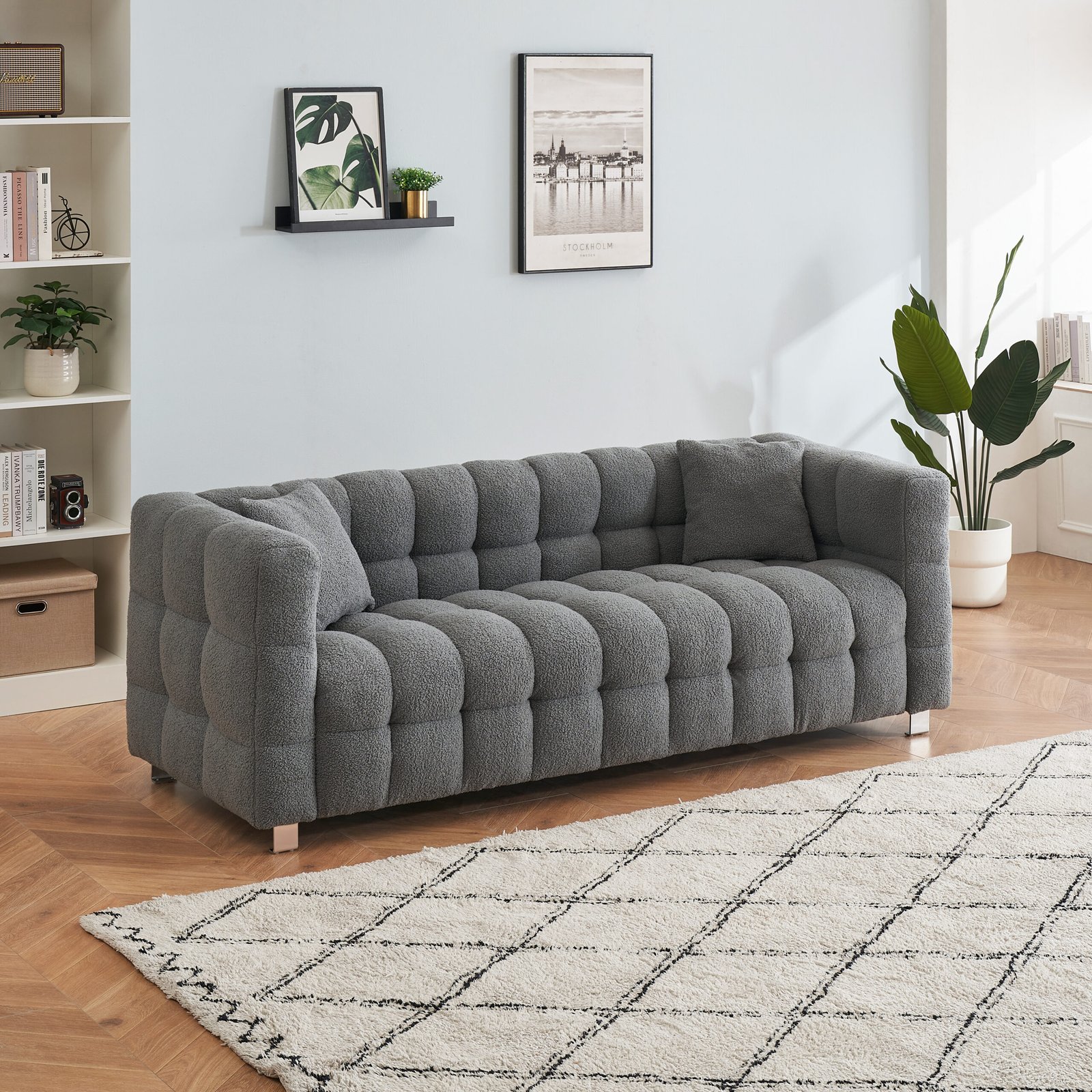 Grey teddy fleece sofa 80 inch discharge in living room bedroom with two throw pillows hardware foot support photo review