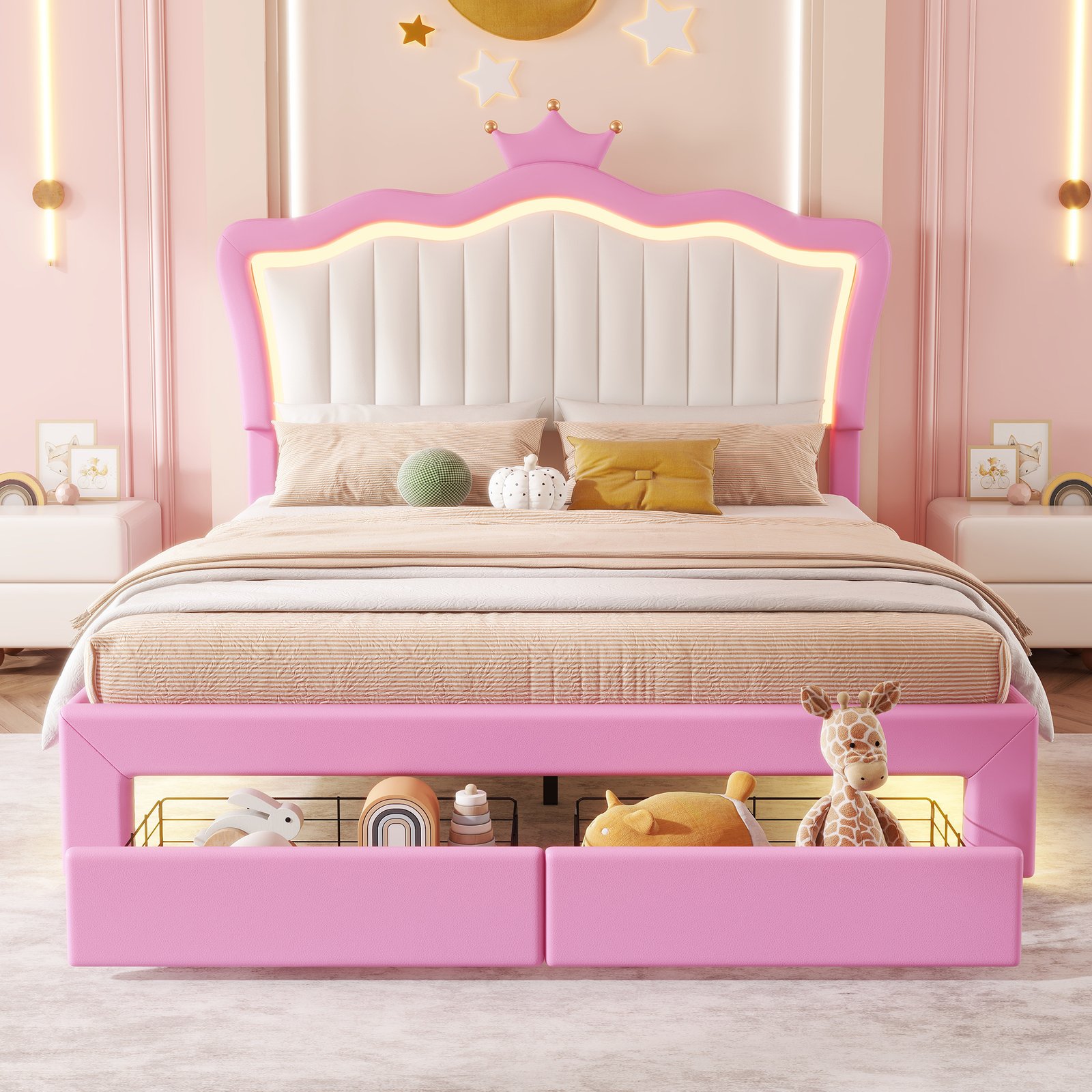 Full Size Upholstered Bed Frame with LED Lights, Modern Upholstered Princess Bed with Crown Headboard, 2 Drawers, Pink+White photo review