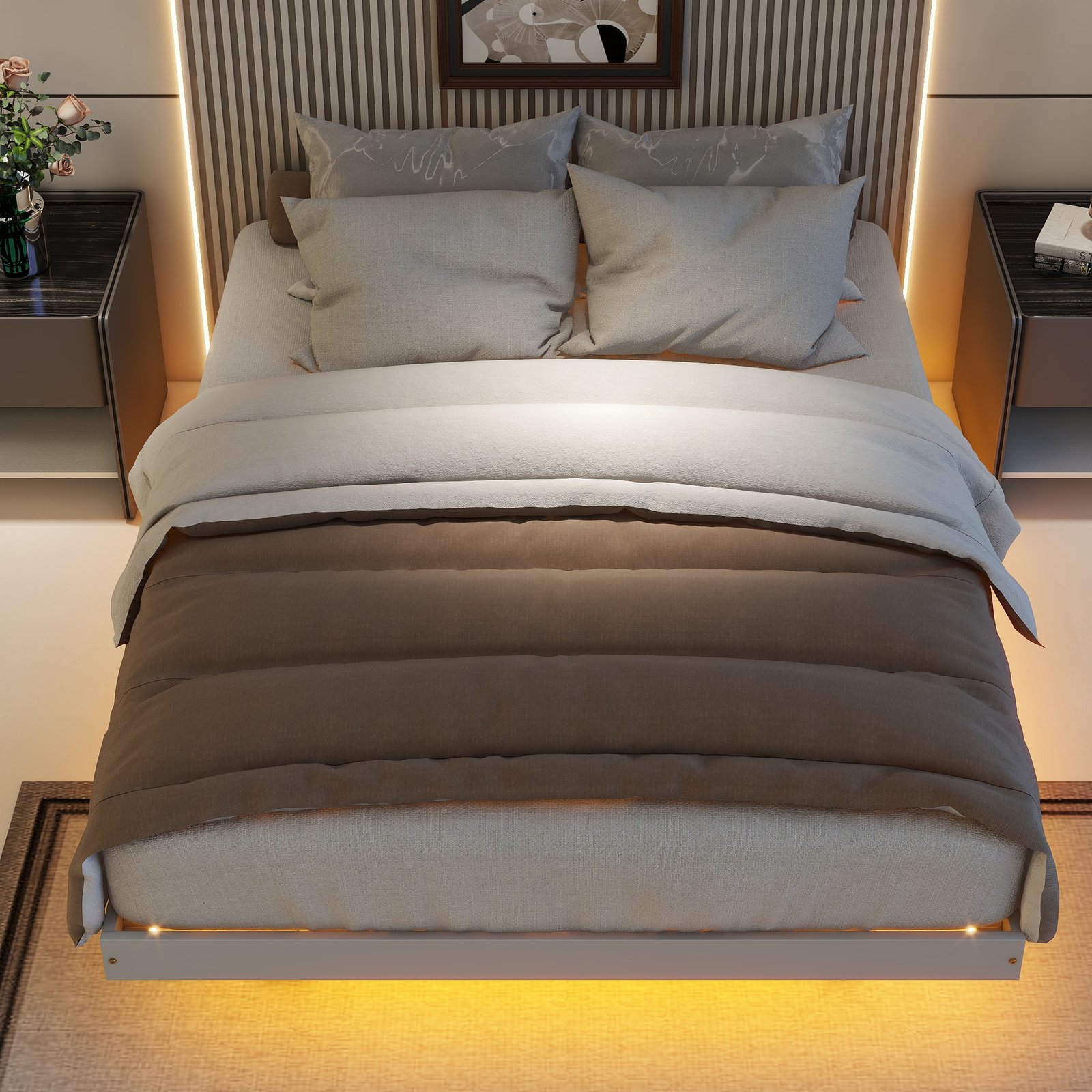 Full Size Floating Bed with LED Lights Underneath,Modern Full Size Low Profile Platform Bed with LED Lights,Grey photo review