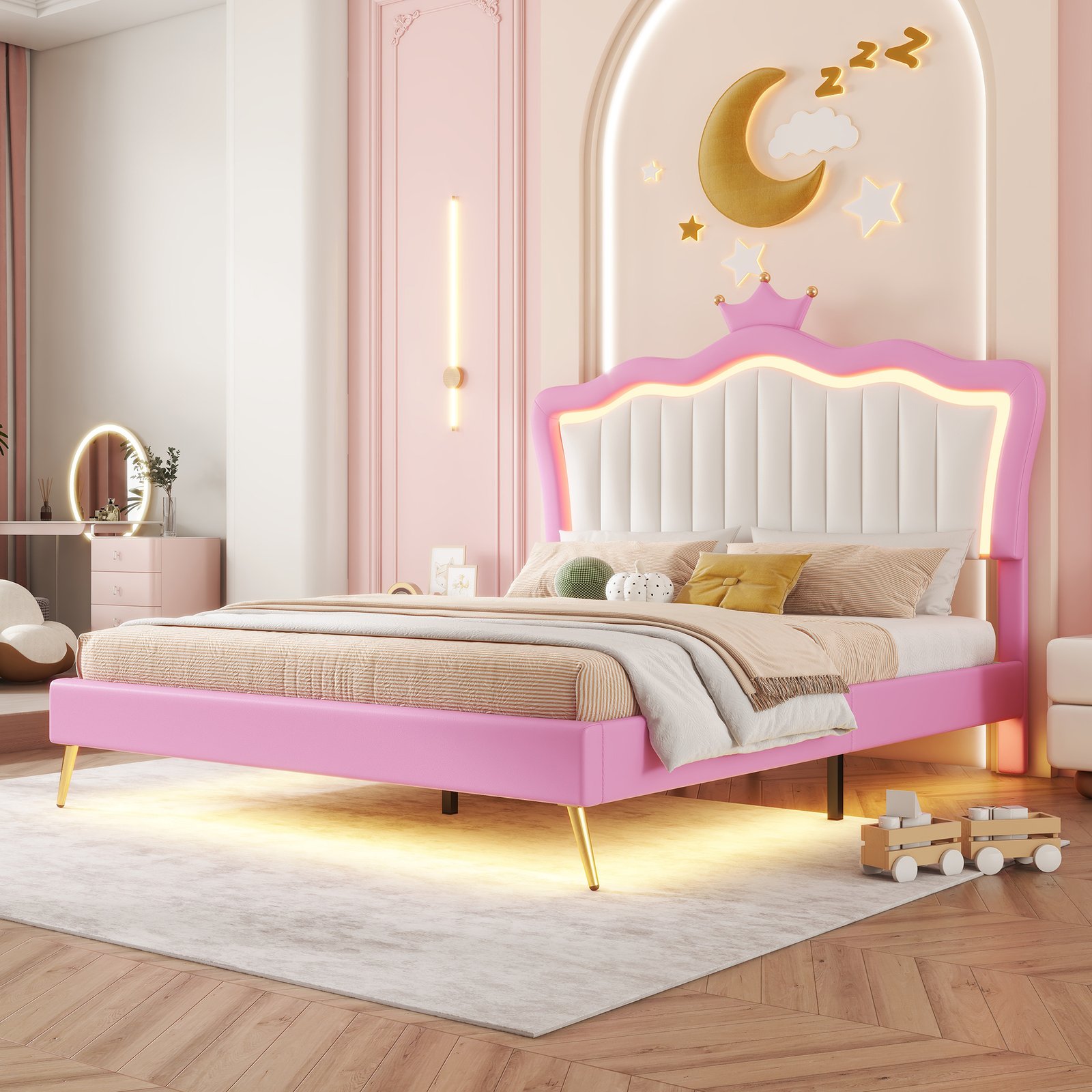 Full Size Upholstered Bed Frame with LED Lights, Modern Upholstered Princess Bed with Crown Headboard, Pink+White photo review