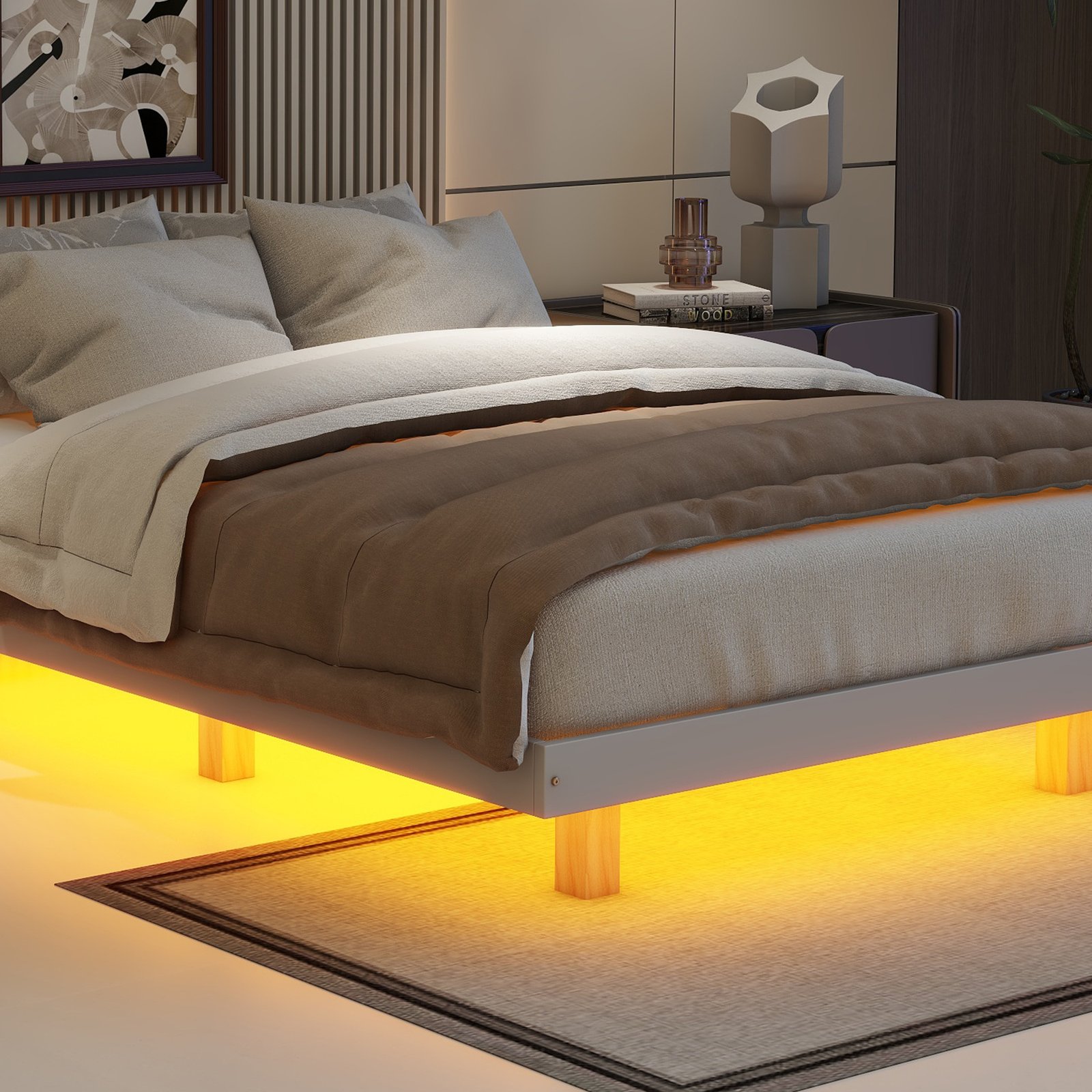 Full Size Floating Bed with LED Lights Underneath,Modern Full Size Low Profile Platform Bed with LED Lights,Grey photo review