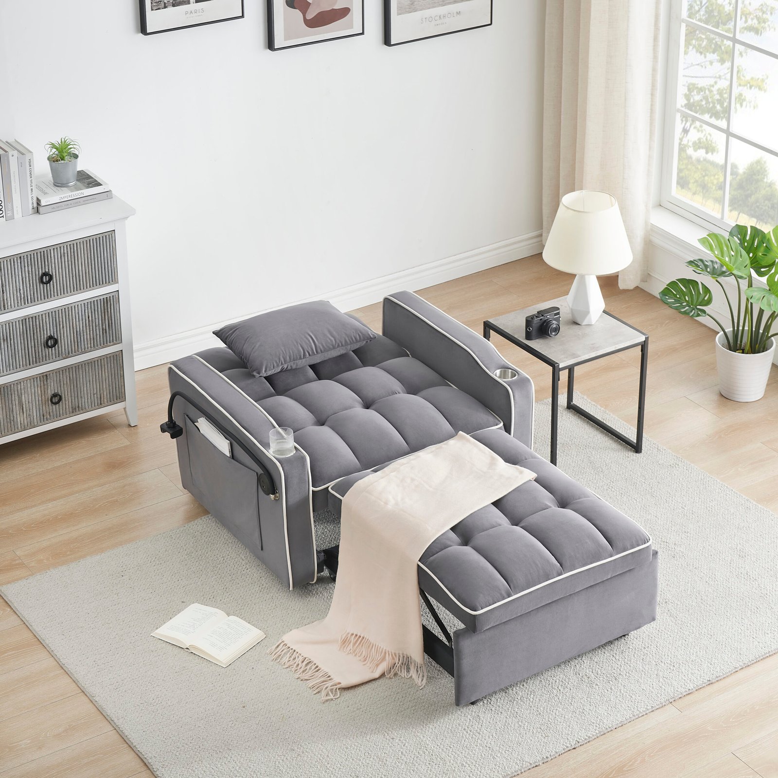 1 versatile foldable sofa bed in 3 lengths, modern sofa sofa sofa velvet pull-out bed, adjustable back and with USB port and ashtray and swivel phone stand dark grey photo review