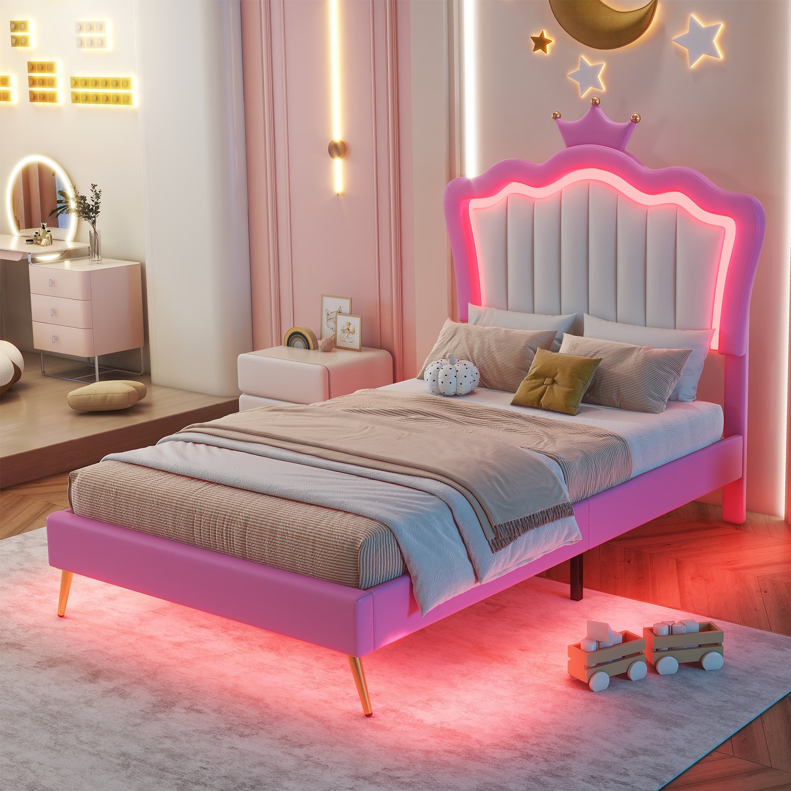 Twin Size Upholstered Bed Frame with LED Lights, Modern Upholstered Princess Bed with Crown Headboard, Pink+White photo review