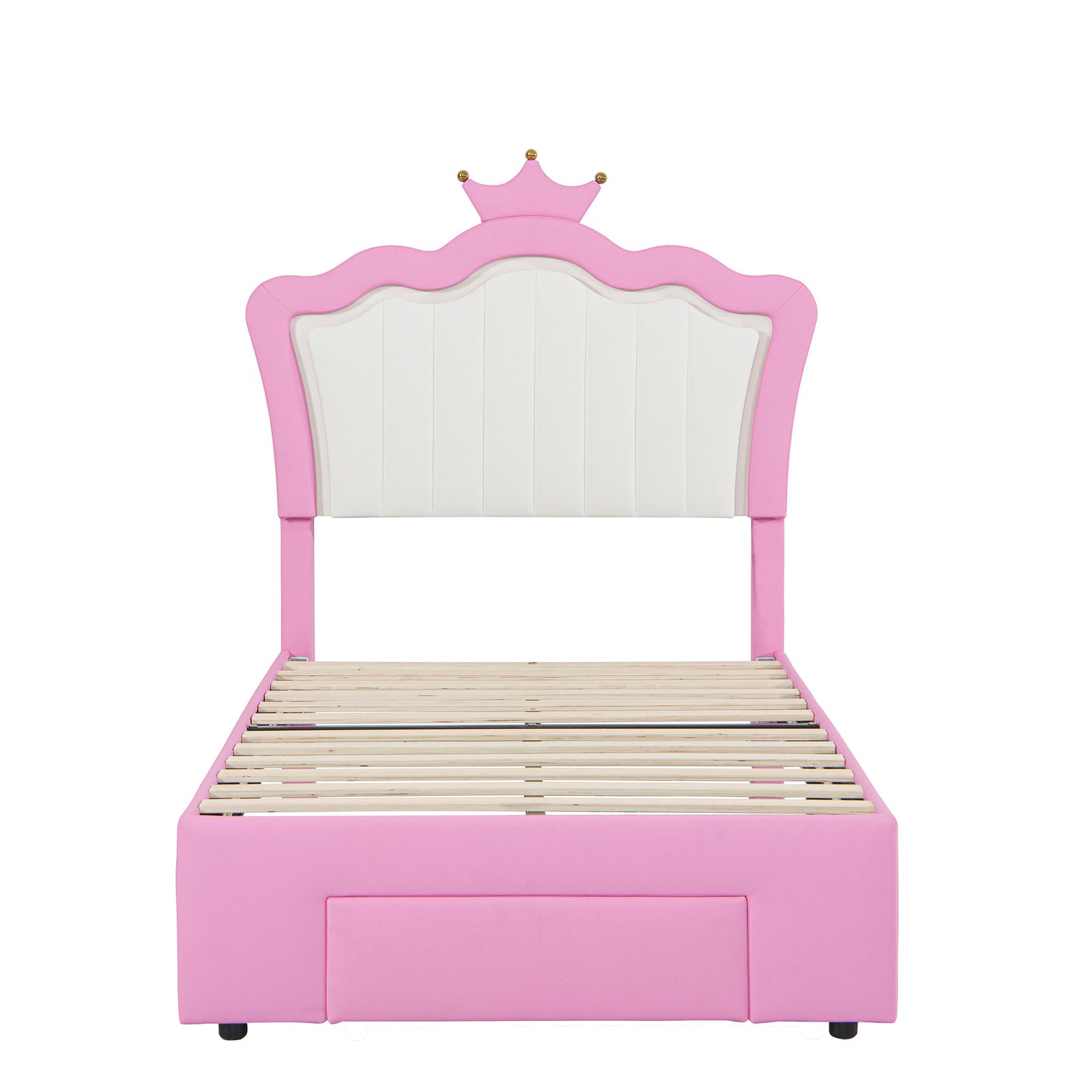Twin Size Upholstered Bed Frame with LED Lights, Modern Upholstered Princess Bed with Crown Headboard, a Drawer, Pink+White photo review