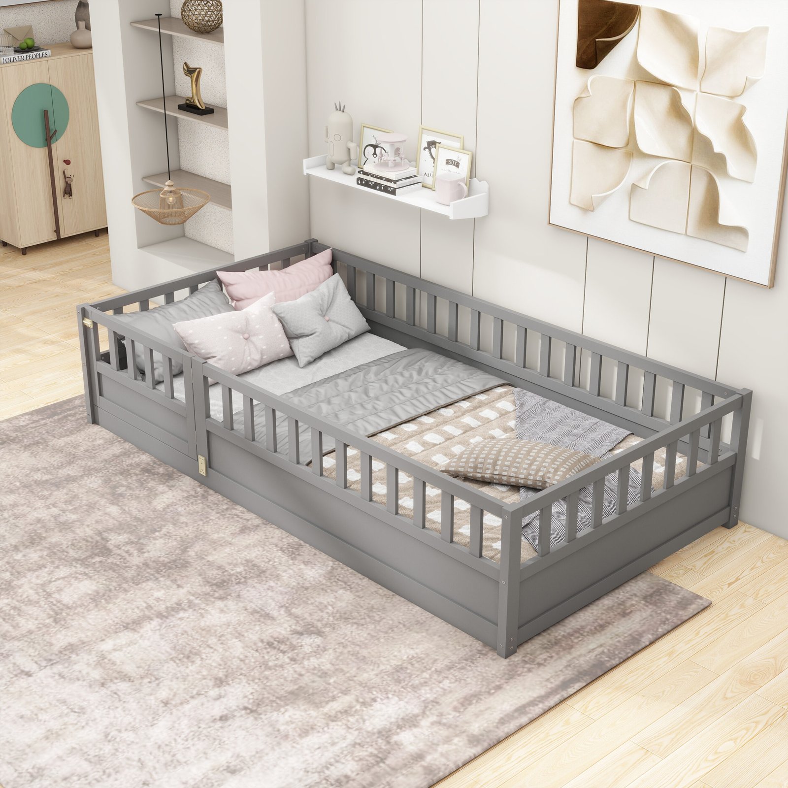 Twin Size Floor bed, integral construction with super high security barrier, door, children's floor bed frame, Montessori wooden children's floor bed, Support slat Grey photo review