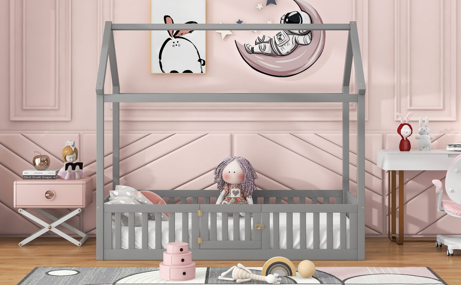 Twin Size Wood House Bed with Fence and Door, Gray(Old SKU: WF303131AAE) photo review