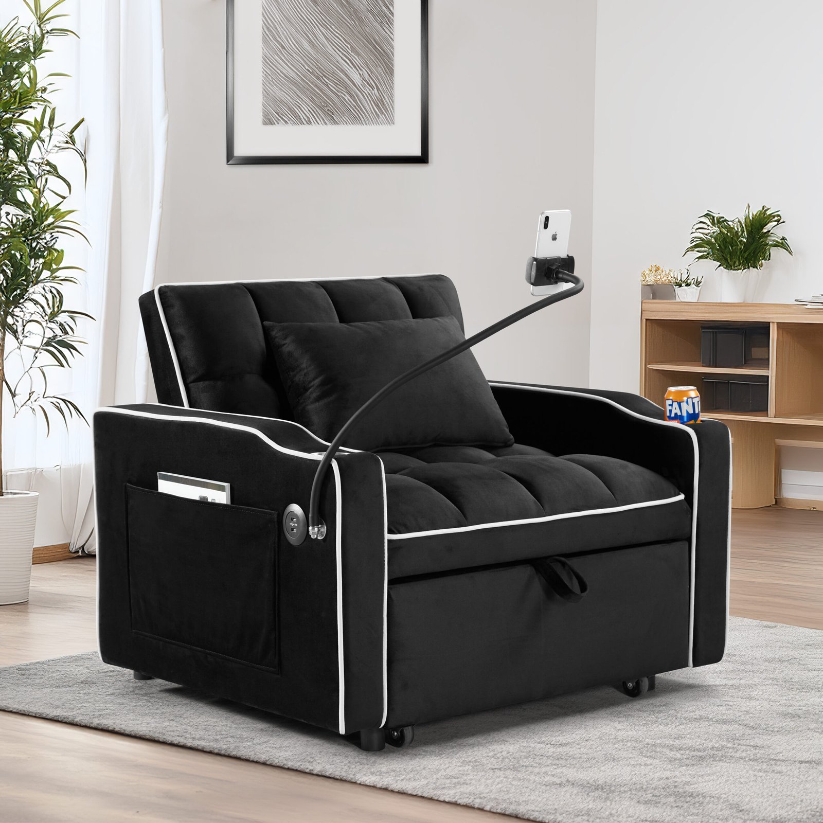 Convertible Sleeper Chair Sofa Bed Adjustable Pull Out Sleeper Chair Bed Multi-Pockets Folding Sofa Bed for Living Room Bedroom Small Space,3-in-1 Sofa Bed, (Black) photo review