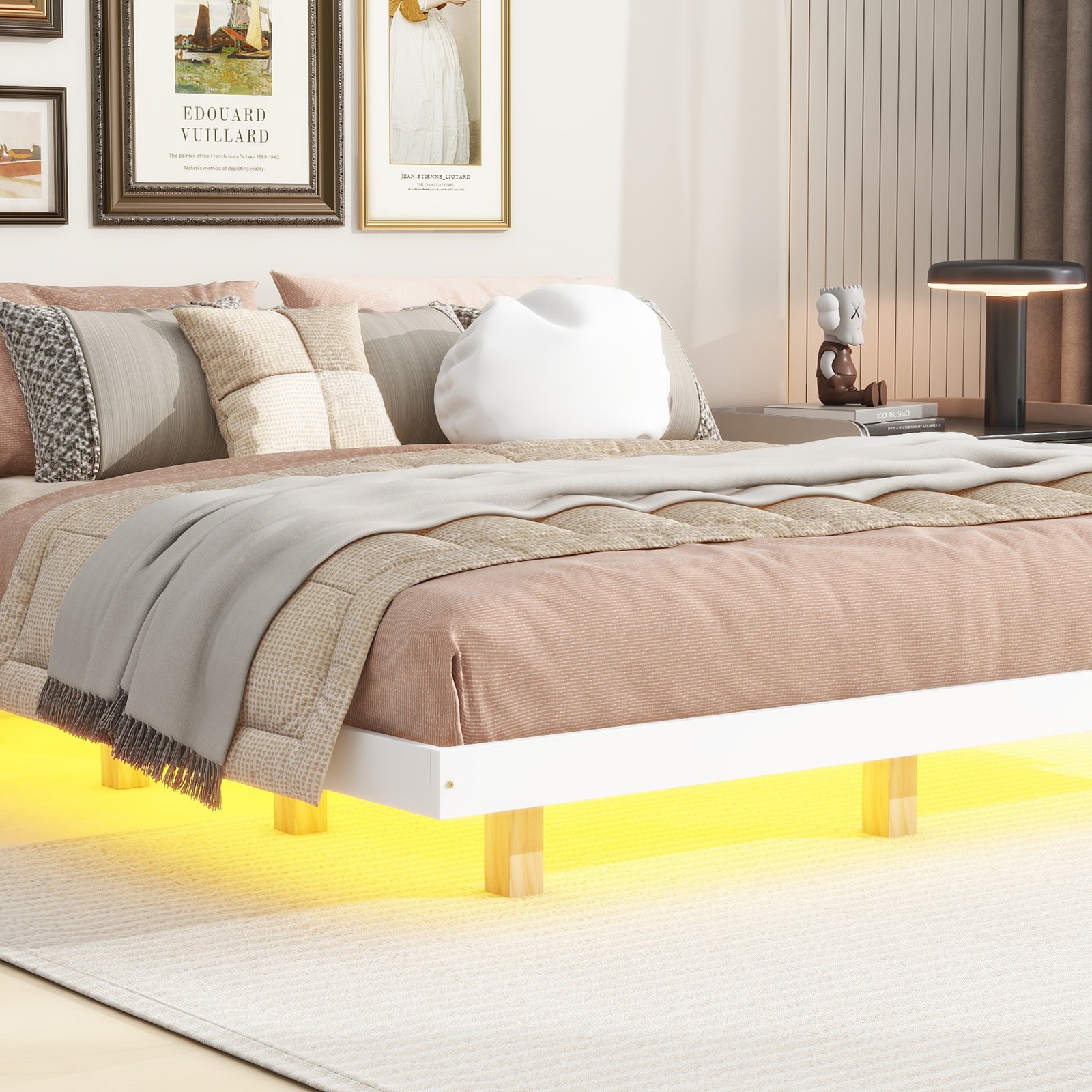 King Size Floating Bed with LED Lights Underneath,Modern King Size Low Profile Platform Bed with LED Lights,White photo review