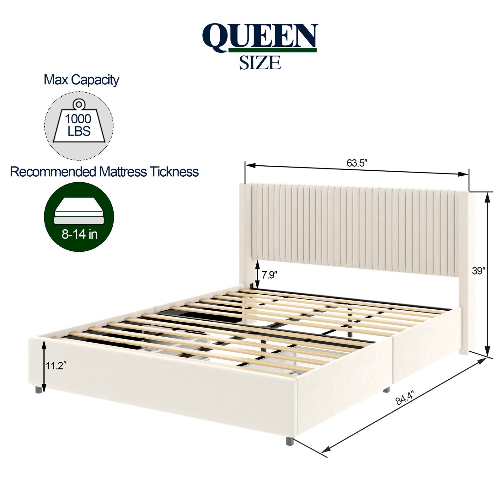 Anna Patented 2-Drawer Storage Bed Queen Size Ivory Velvet Upholstered Wingback Platform Bed, Modern Design Headboard with Tight Channel, Wooden Slat Mattress Support No Box Spring Needed photo review