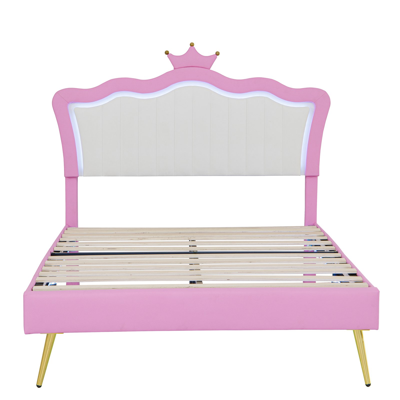 Full Size Upholstered Bed Frame with LED Lights, Modern Upholstered Princess Bed with Crown Headboard, Pink+White photo review