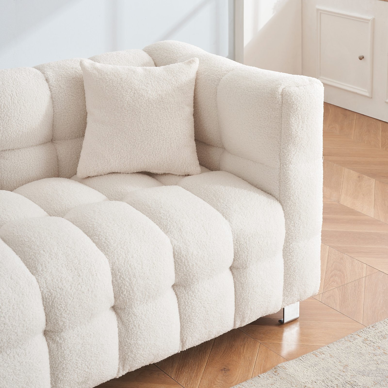 Beige White and teddy plush sofa 80 inch discharge in living room bedroom with two throw pillows hardware foot support photo review