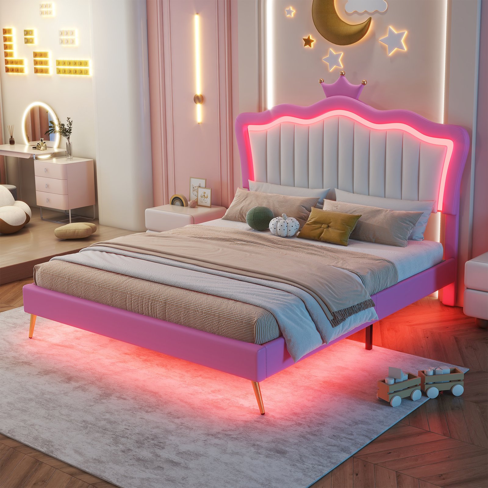 Full Size Upholstered Bed Frame with LED Lights, Modern Upholstered Princess Bed with Crown Headboard, Pink+White photo review