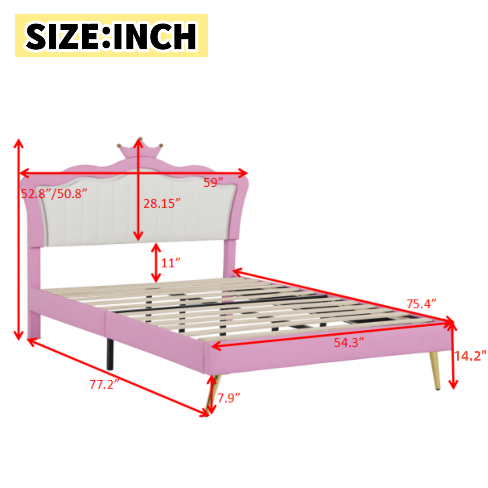 Full Size Upholstered Bed Frame with LED Lights, Modern Upholstered Princess Bed with Crown Headboard, Pink+White photo review