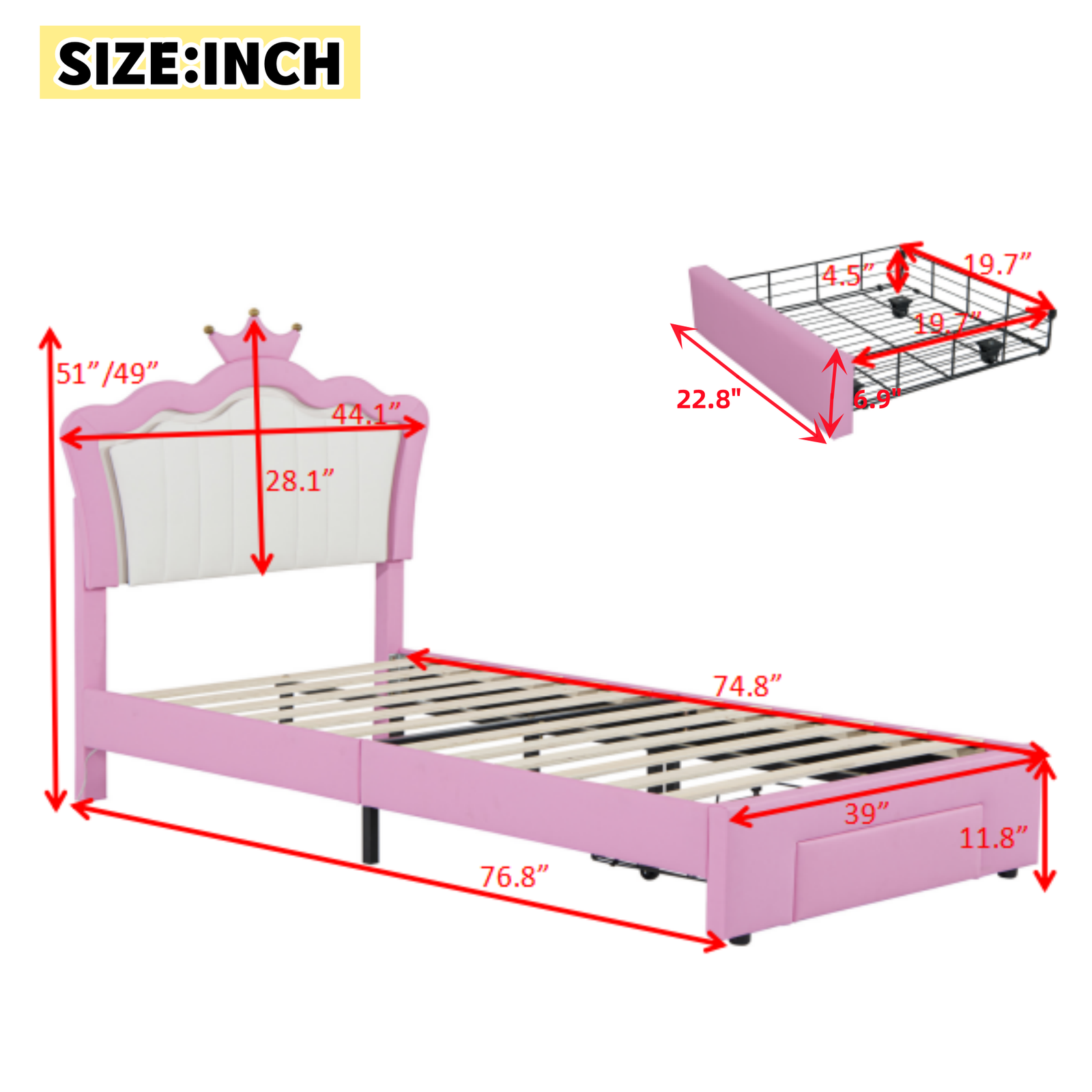 Twin Size Upholstered Bed Frame with LED Lights, Modern Upholstered Princess Bed with Crown Headboard, a Drawer, Pink+White photo review
