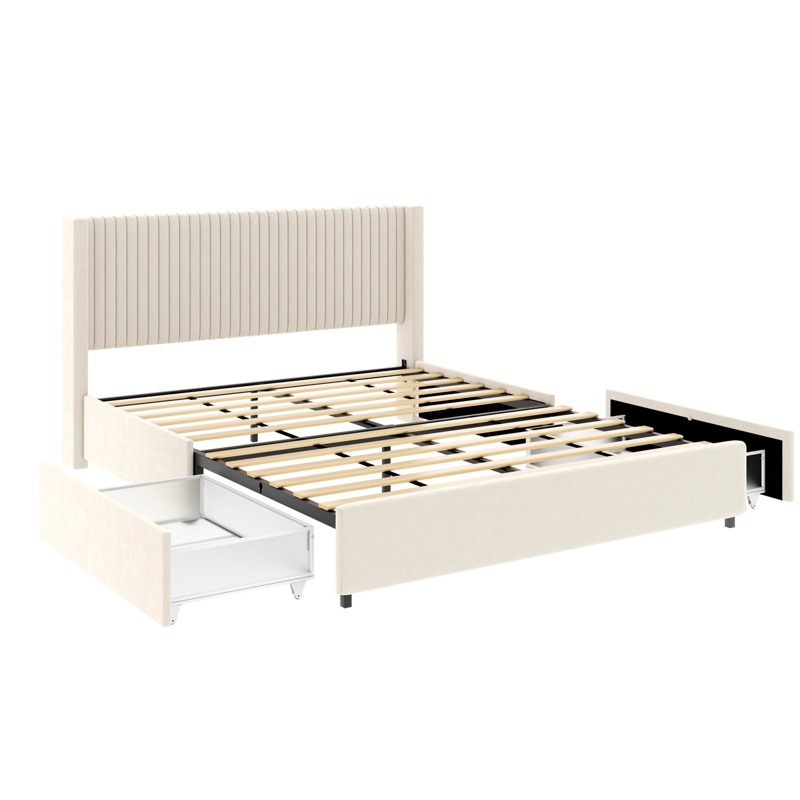 Anna Patented 2-Drawer Storage Bed Queen Size Ivory Velvet Upholstered Wingback Platform Bed, Modern Design Headboard with Tight Channel, Wooden Slat Mattress Support No Box Spring Needed photo review