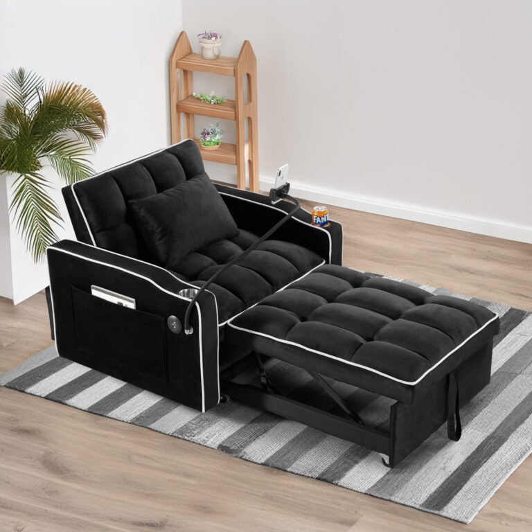Convertible Sleeper Chair Sofa Bed Adjustable Pull Out Sleeper Chair Bed Multi-Pockets Folding Sofa Bed for Living Room Bedroom Small Space,3-in-1 Sofa Bed, (Black)