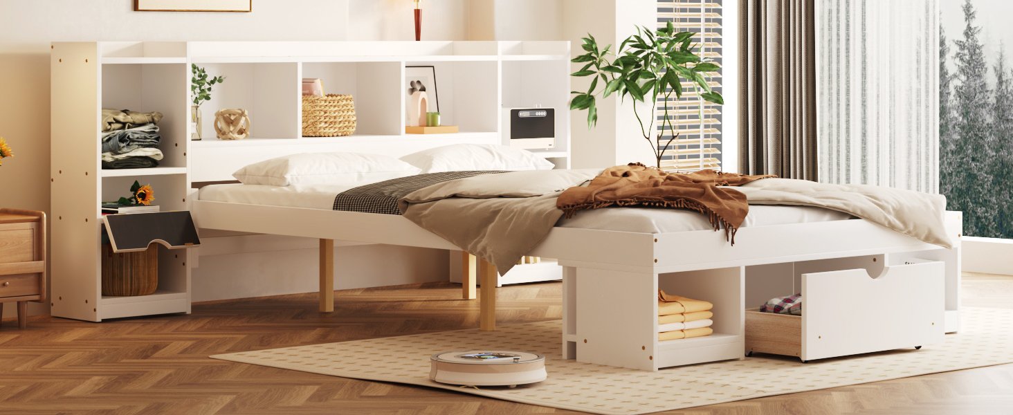 Queen Size Wood Platform Bed with Multi-storage Headboard and a Drawer, White photo review