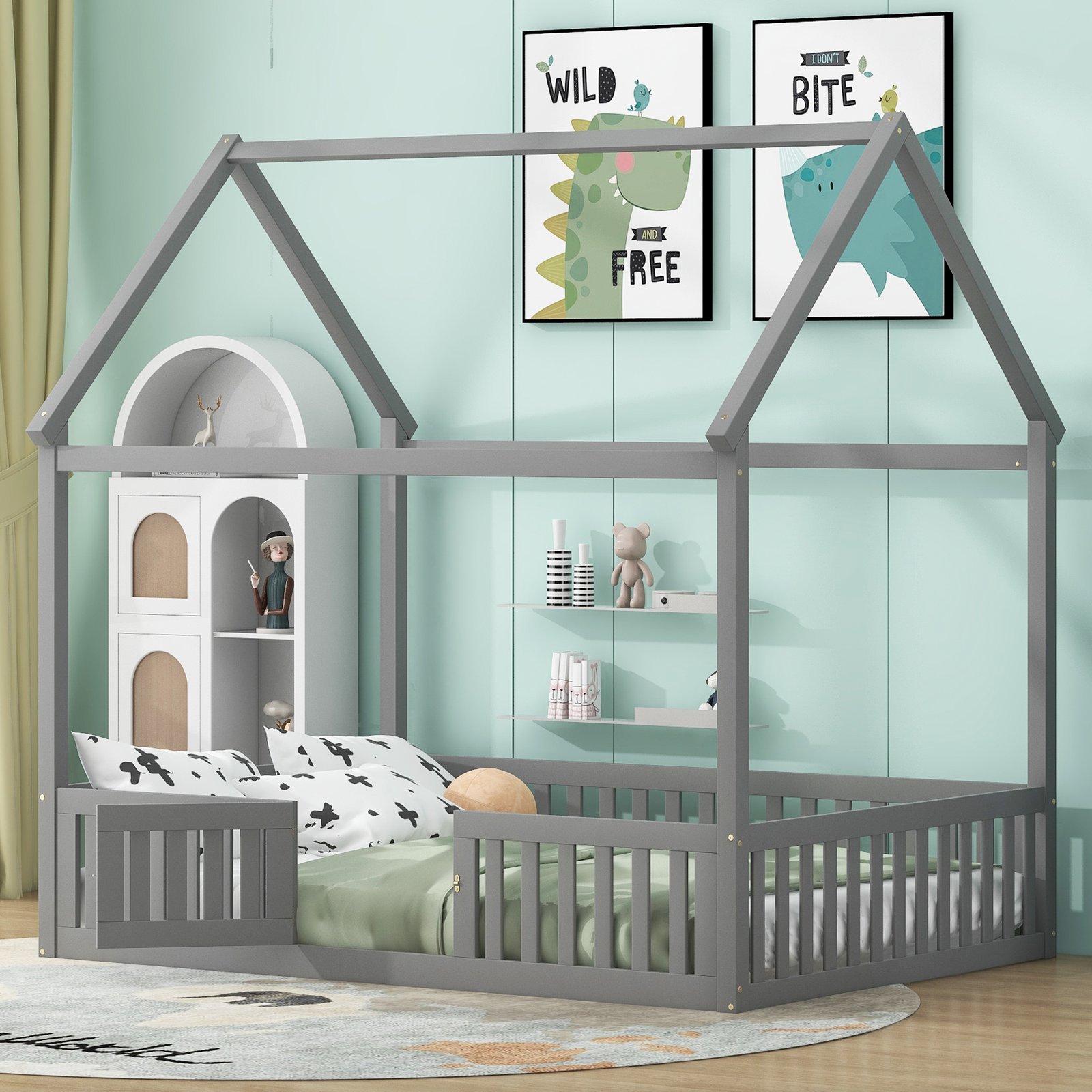 Full Size Wood House Bed with Fence and Door, Gray photo review